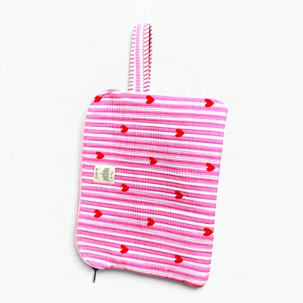 Pink Striped Heart Quilted iPad Sleeve | Cute Tablet Cover with Zip & Wrist Loop