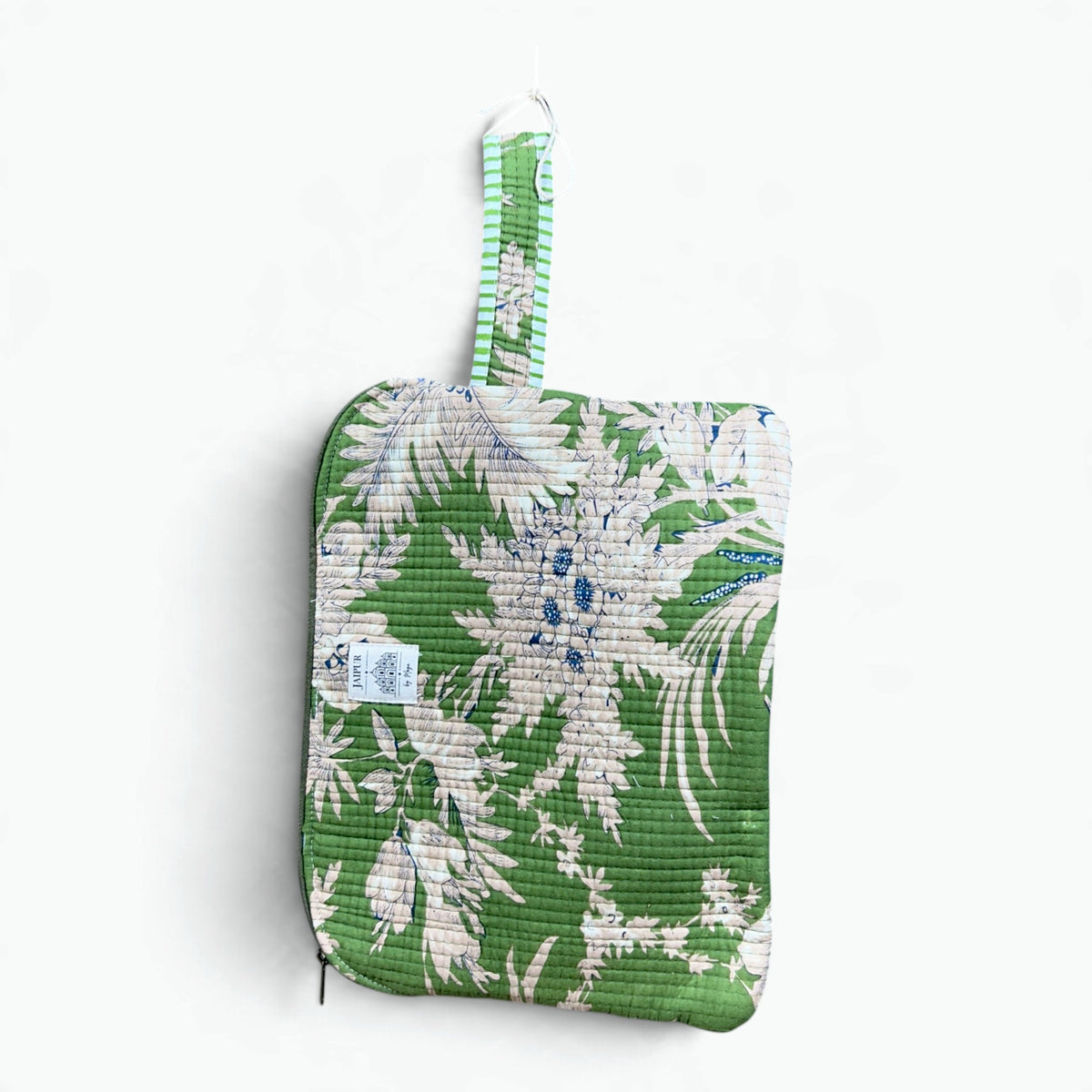 Green Botanical Quilted iPad Sleeve | Floral Tablet Cover with Zip & Wrist Loop
