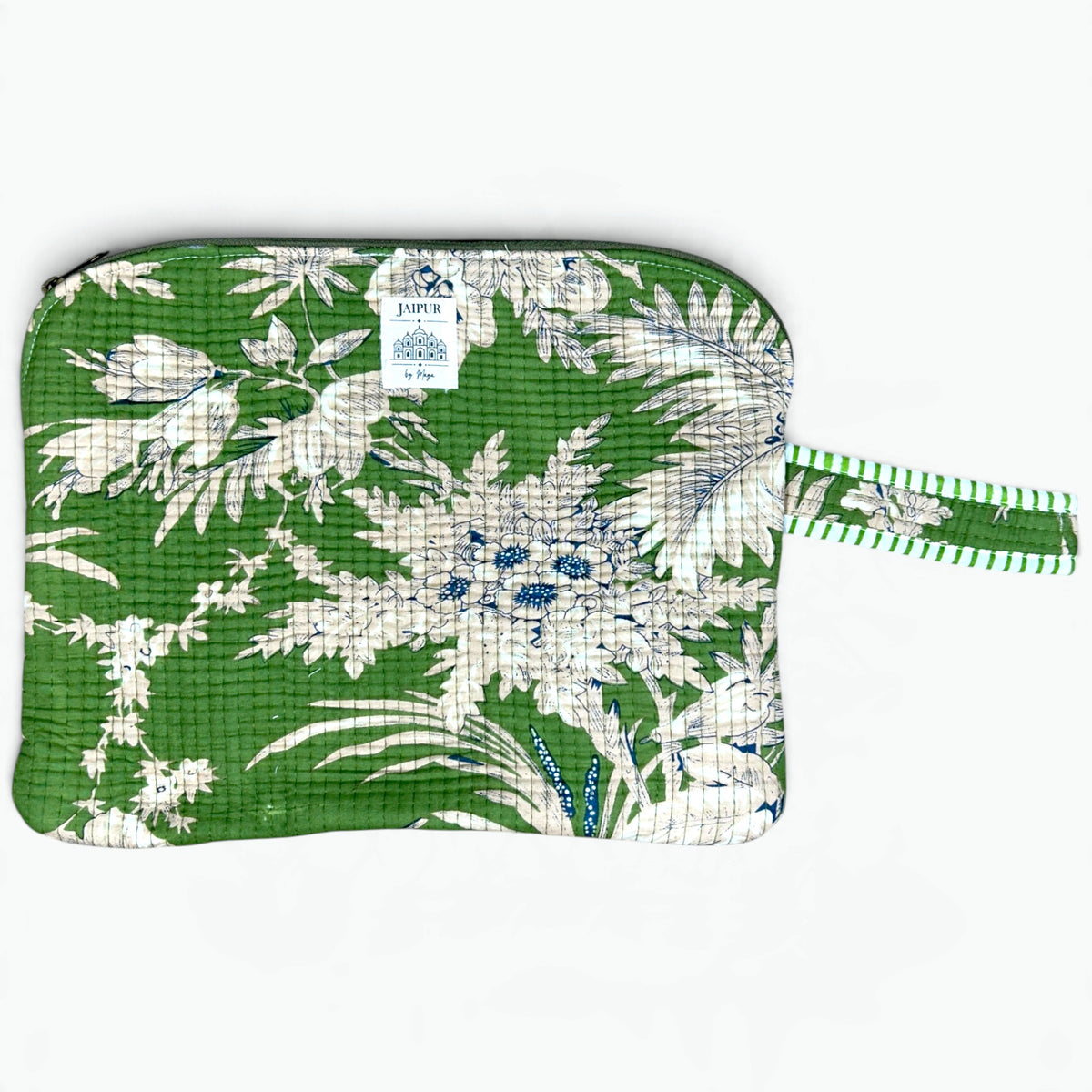 Green quilted cotton iPad sleeve with cream and navy botanical print and green striped wrist loop