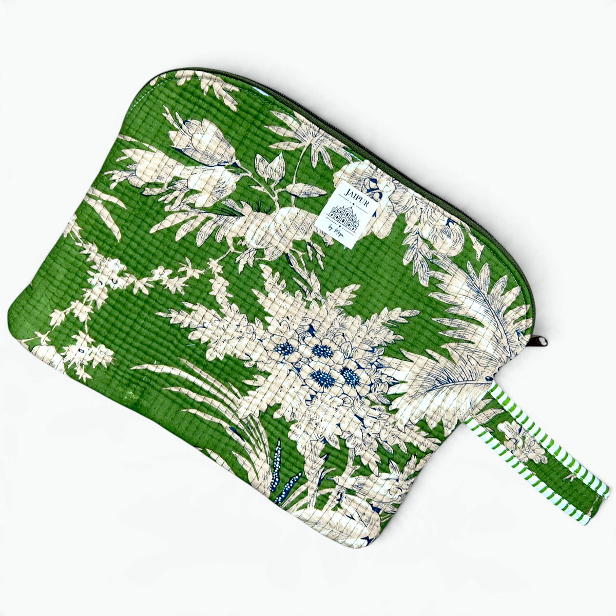 Green Botanical Quilted iPad Sleeve | Floral Tablet Cover with Zip & Wrist Loop