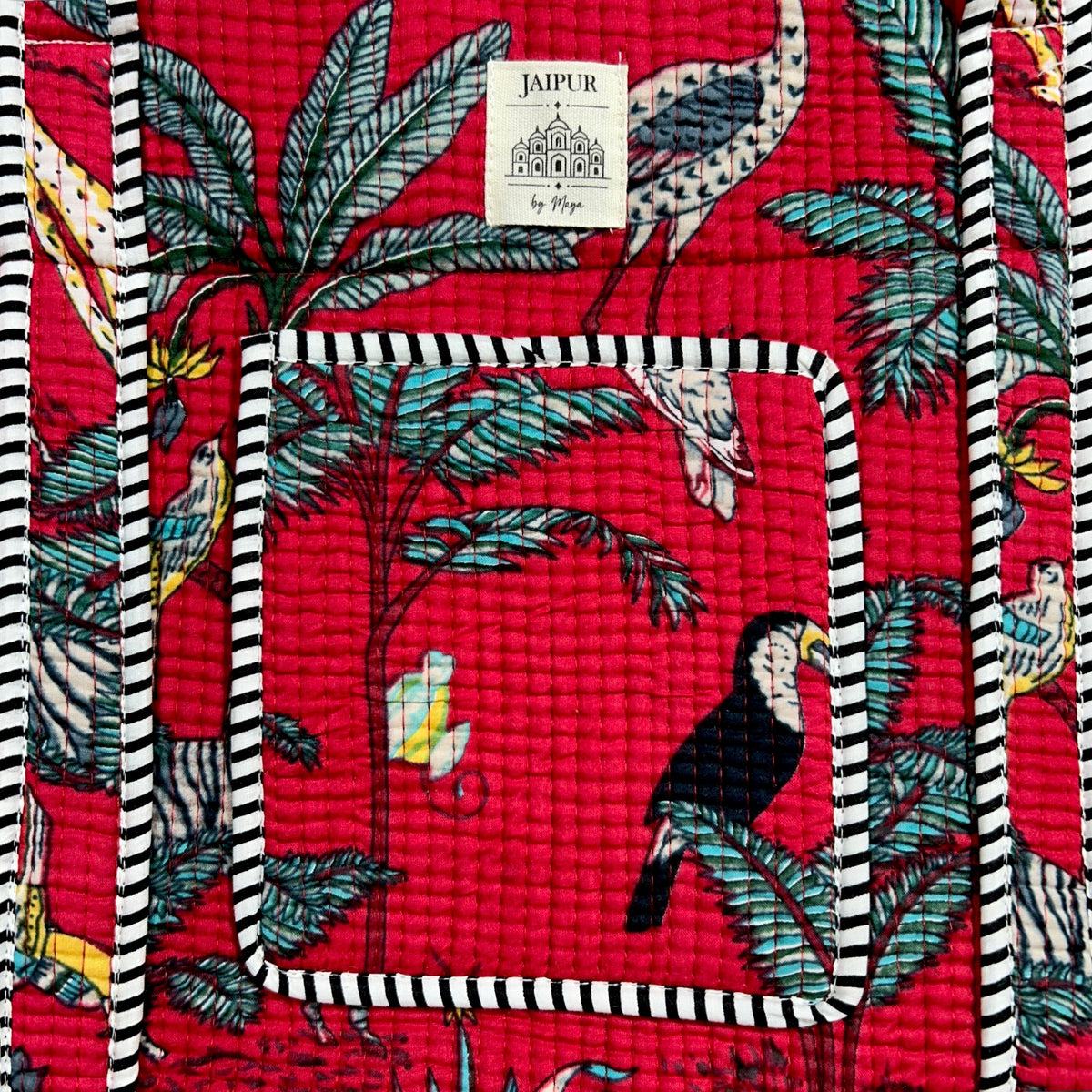 Red Toucan Jungle Quilted Tote Bag with Campartments | Hand Block Printed Cotton