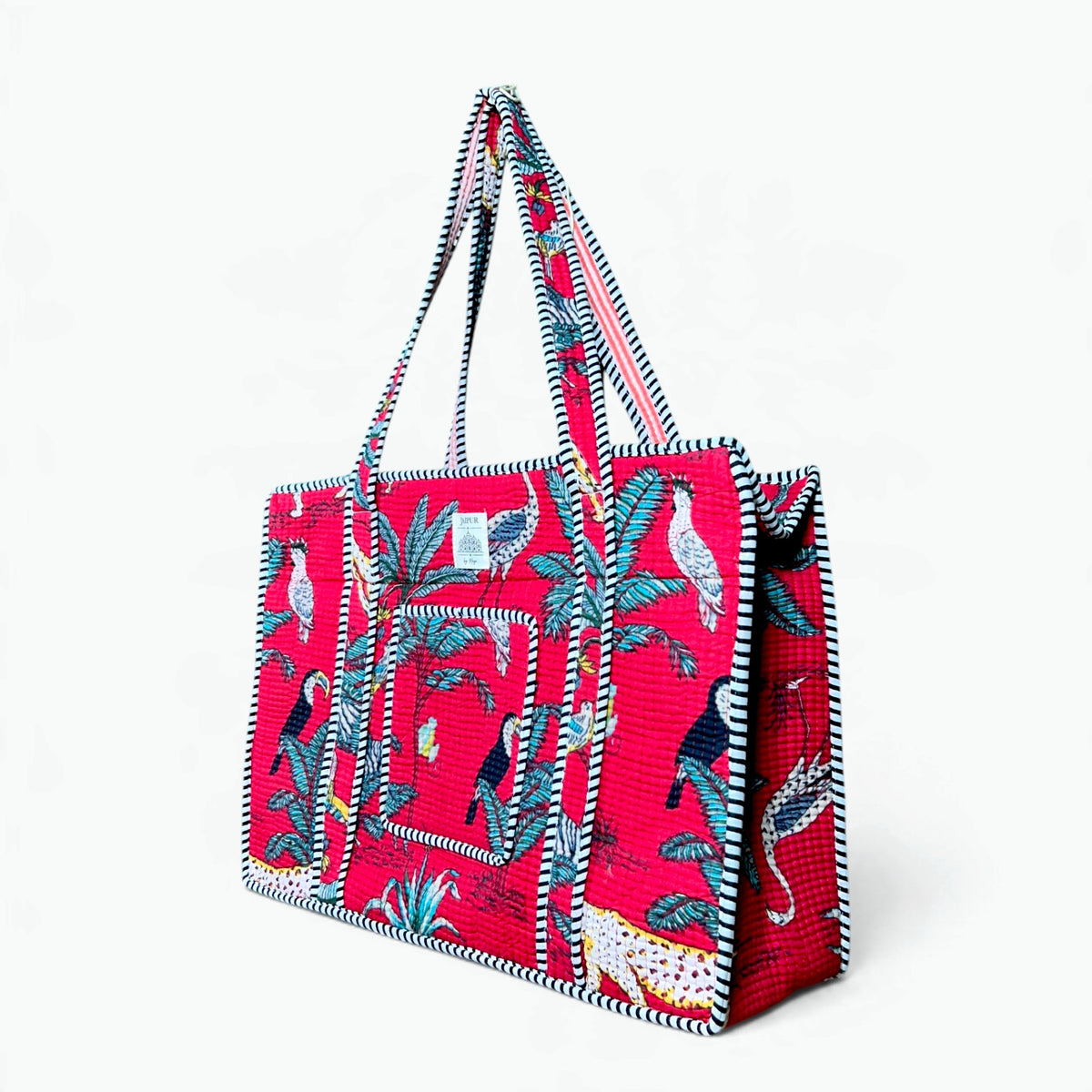 Red Toucan Jungle Quilted Tote Bag with Campartments | Hand Block Printed Cotton