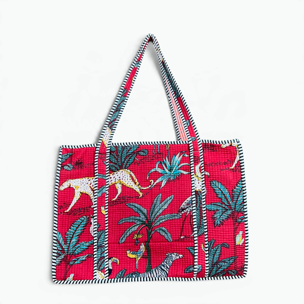 Red Toucan Jungle Quilted Tote Bag with Campartments | Hand Block Printed Cotton