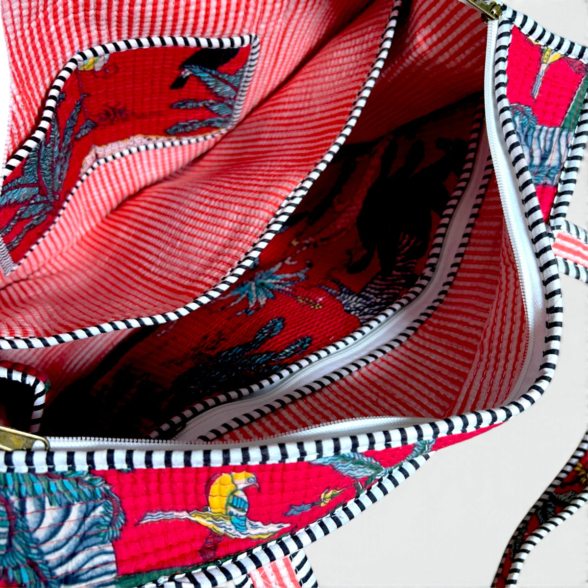 Red Toucan Jungle Quilted Tote Bag with Campartments | Hand Block Printed Cotton