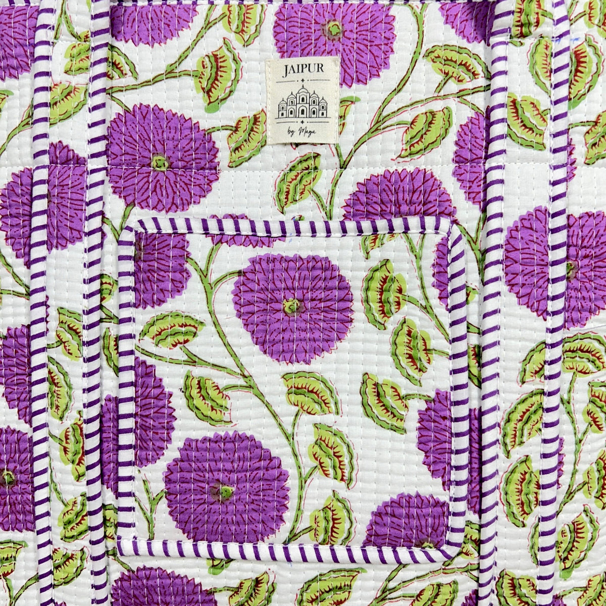 Purple Bloom Quilted Tote Bag with campartments | Hand Block Printed Cotton