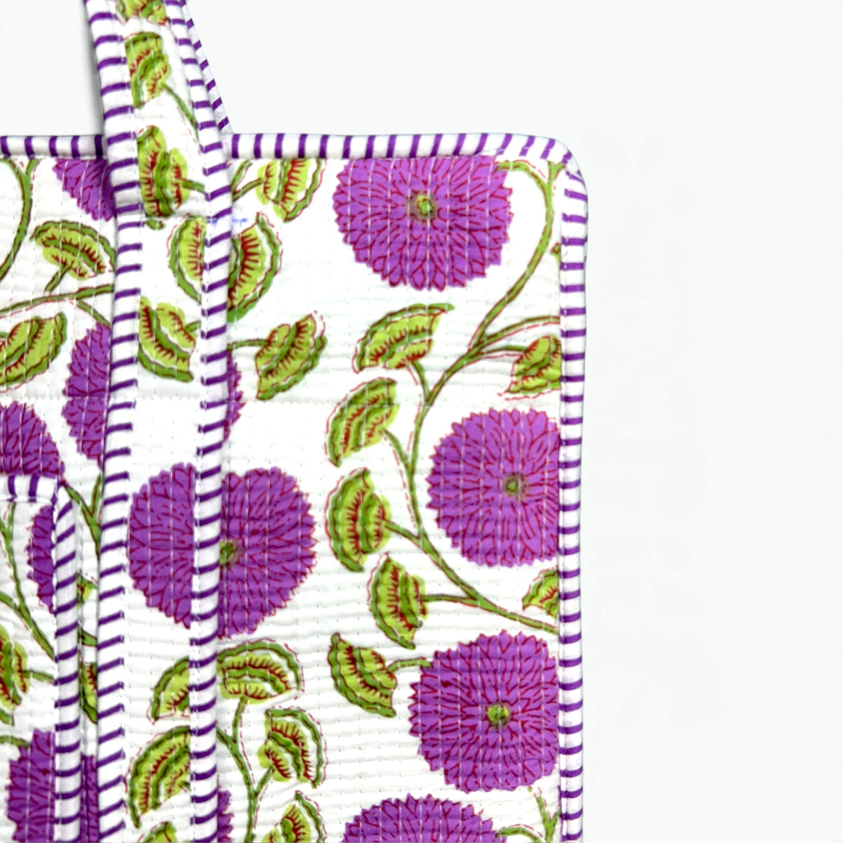 Purple Bloom Quilted Tote Bag with campartments | Hand Block Printed Cotton