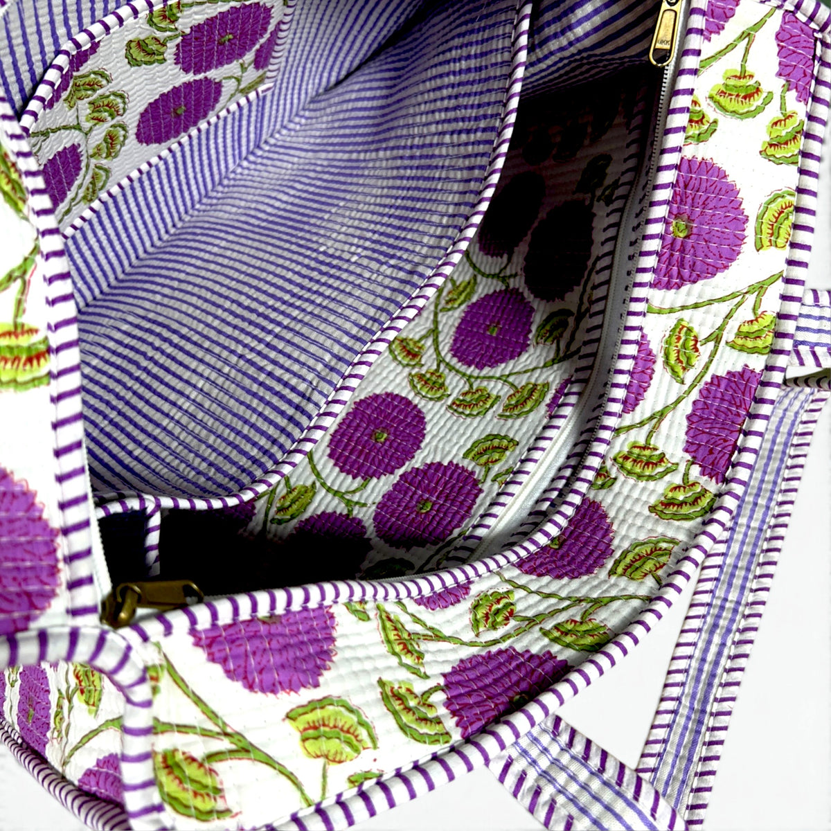 Purple Bloom Quilted Tote Bag with campartments | Hand Block Printed Cotton