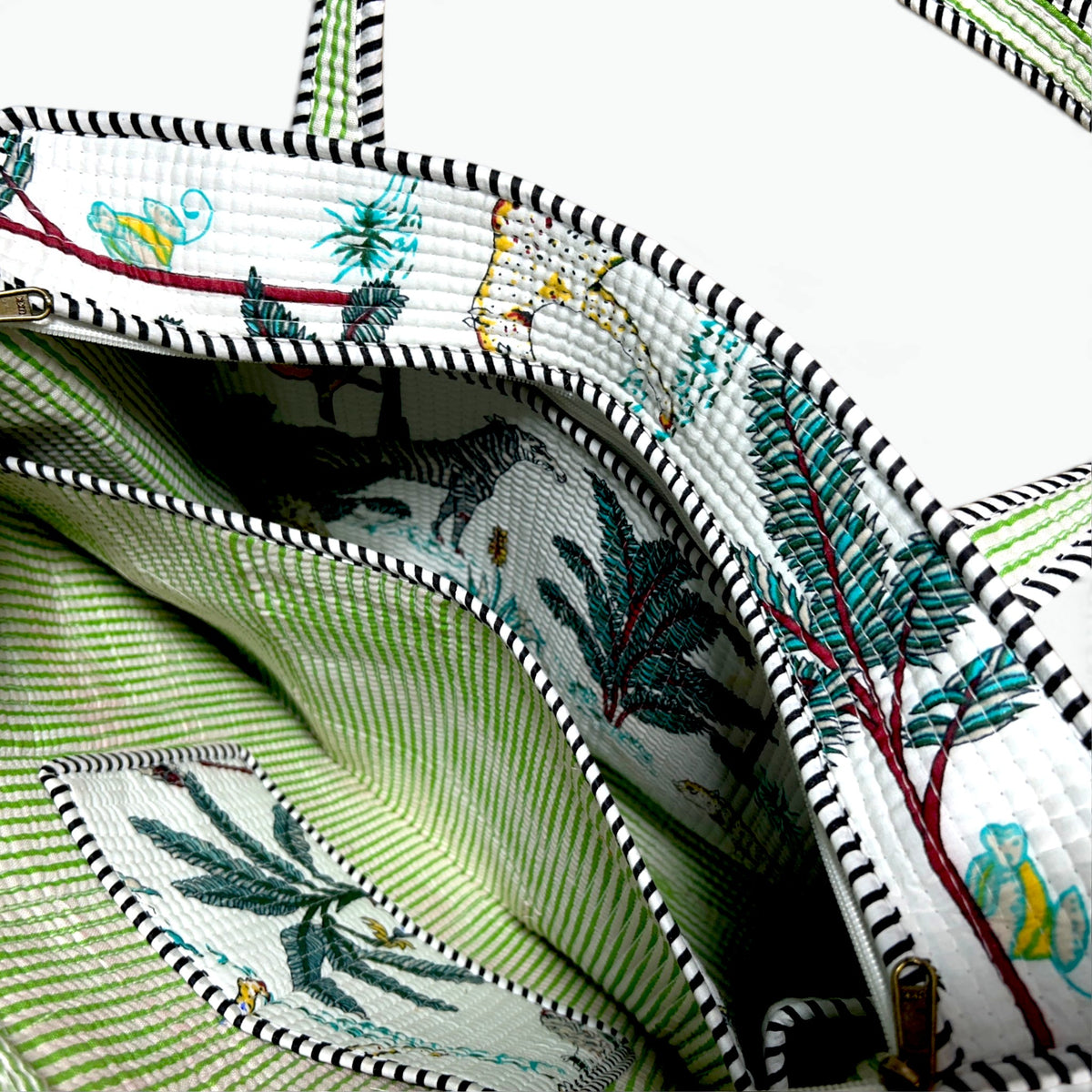 Safari Jungle Quilted Tote Bag with campartments | White Hand Block Printed Cotton