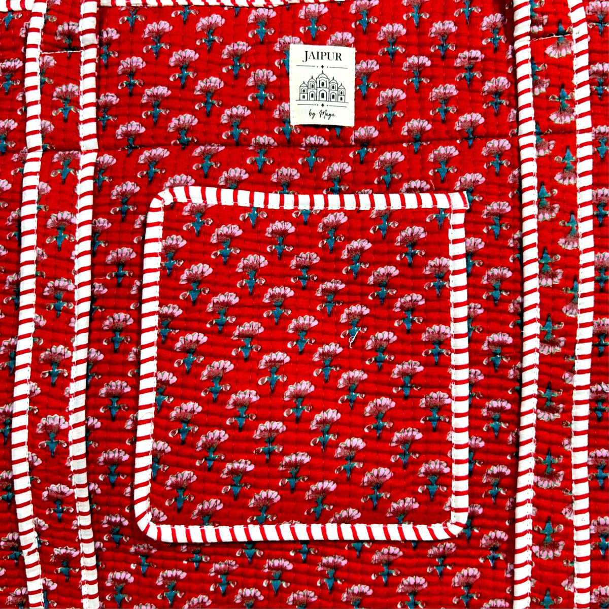 Red Ditsy Floral Quilted Tote Bag with Campartments | Hand Block Printed Cotton