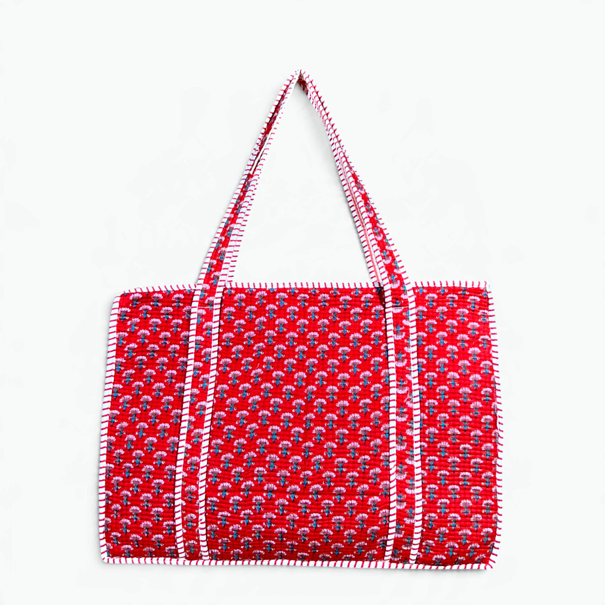 Red Ditsy Floral Quilted Tote Bag with Campartments | Hand Block Printed Cotton