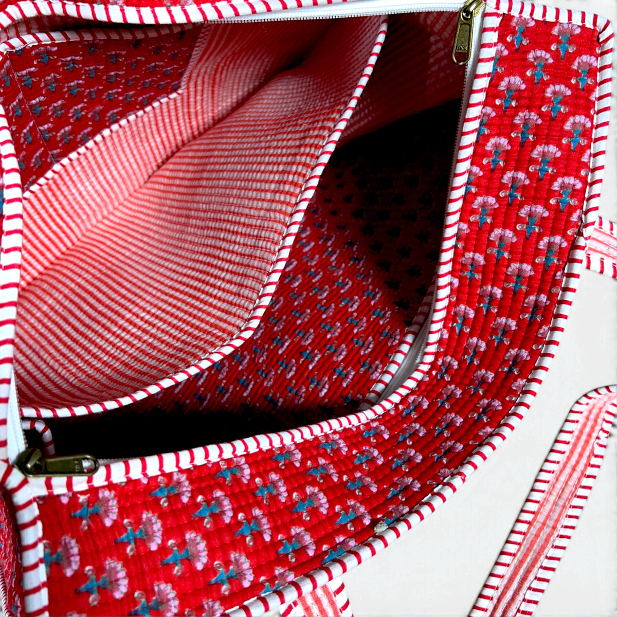 Red Ditsy Floral Quilted Tote Bag with Campartments | Hand Block Printed Cotton
