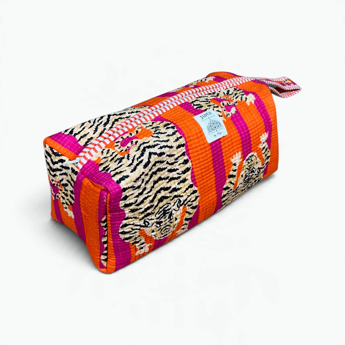Vibrant Tiger & Stripe Quilted Dyson Bag | Orange & Magenta Cosmetic Organiser, 100% Cotton