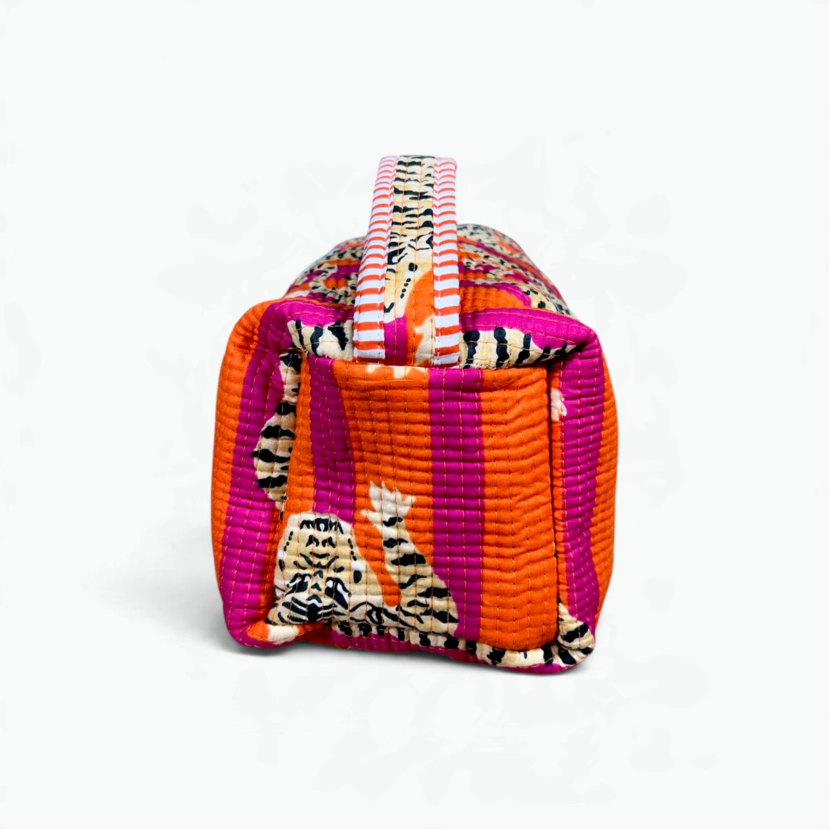 Vibrant Tiger & Stripe Quilted Dyson Bag | Orange & Magenta Cosmetic Organiser, 100% Cotton