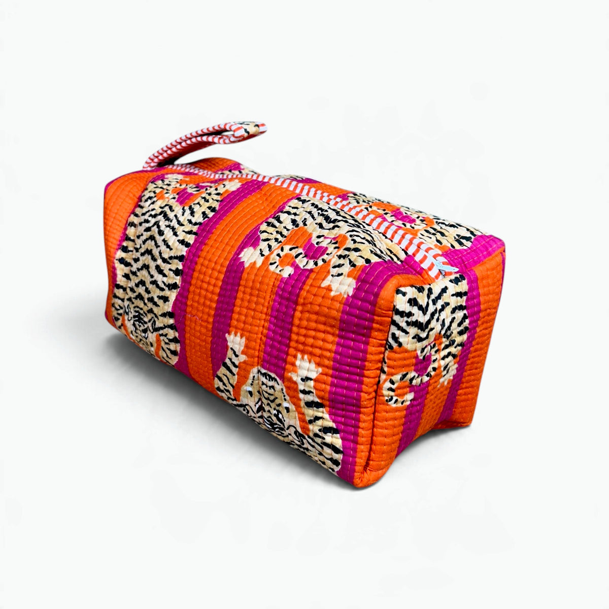 Vibrant Tiger & Stripe Quilted Dyson Bag | Orange & Magenta Cosmetic Organiser, 100% Cotton