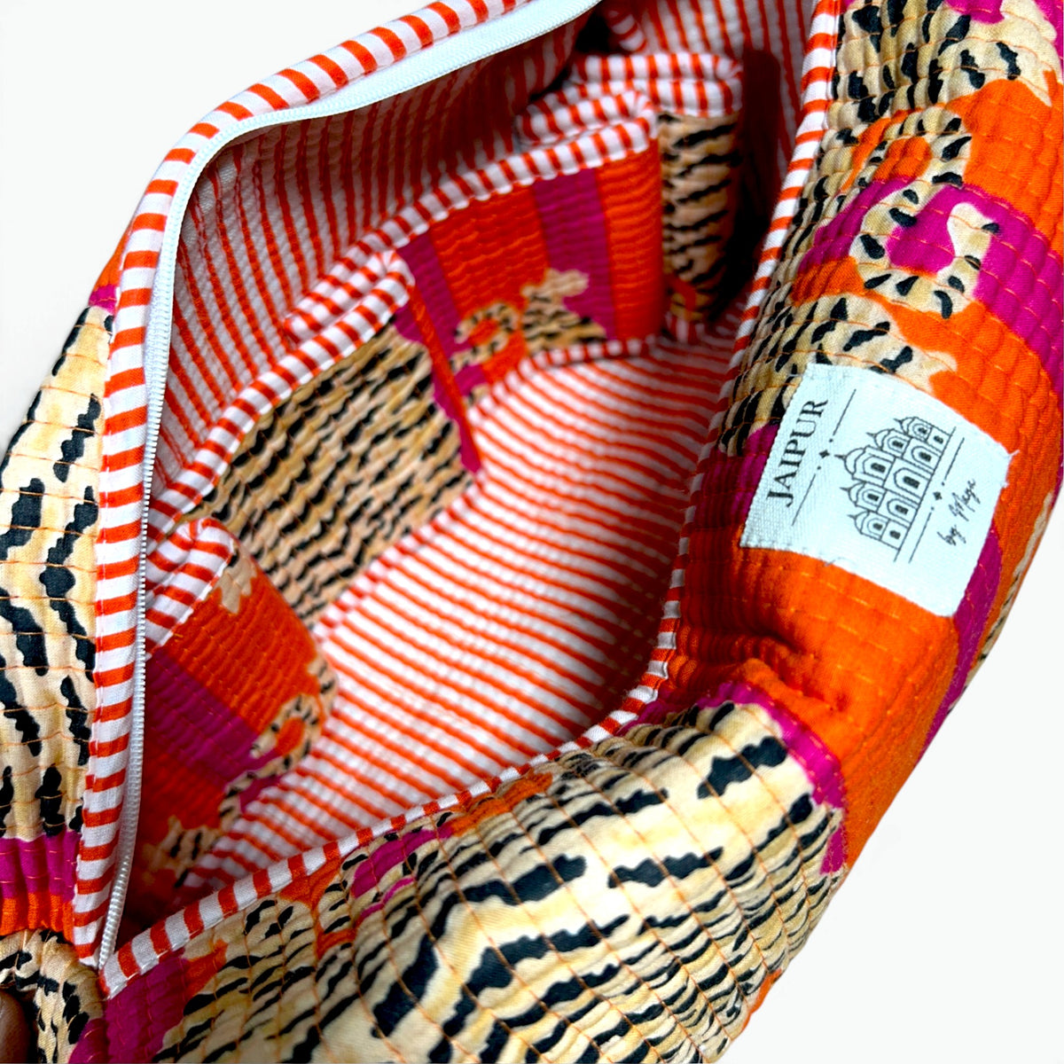 Vibrant Tiger & Stripe Quilted Dyson Bag | Orange & Magenta Cosmetic Organiser, 100% Cotton