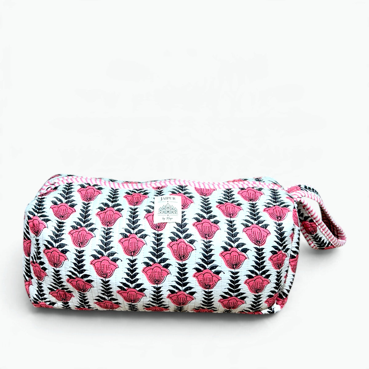 Pink tulip quilted cotton travel storage bag with carry handle for hair styler and attachments