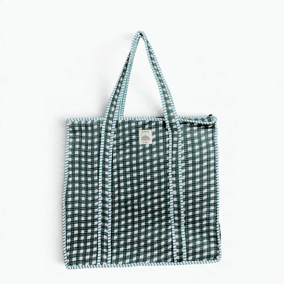 Green and white gingham check quilted cotton tote bag with teal and white striped piping and handles