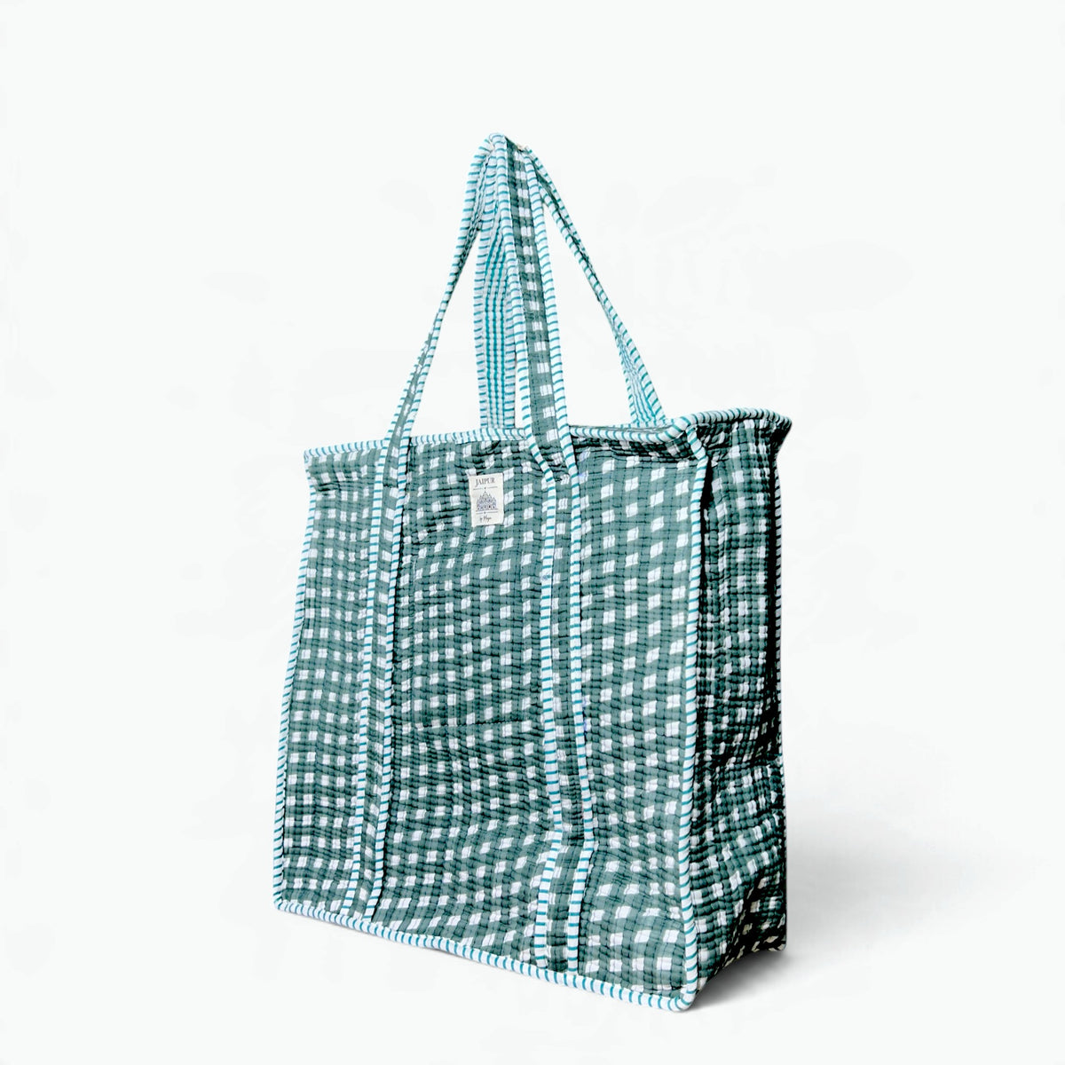 Large Green Gingham Check Quilted Tote Bag | Cotton Shoulder Tote