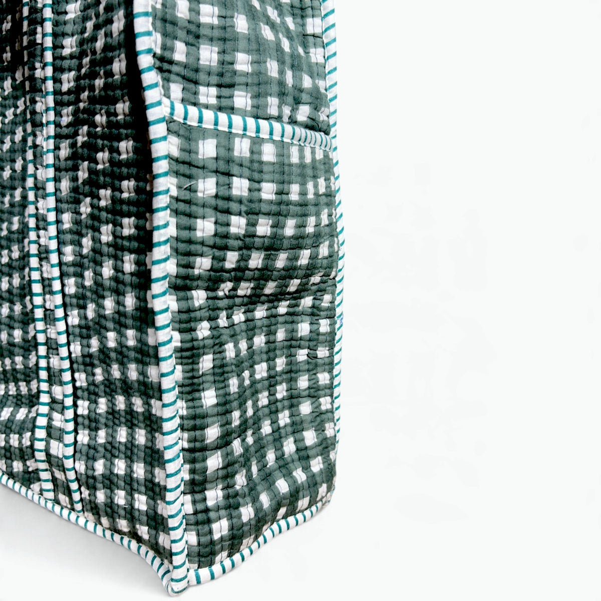 Large Green Gingham Check Quilted Tote Bag | Cotton Shoulder Tote