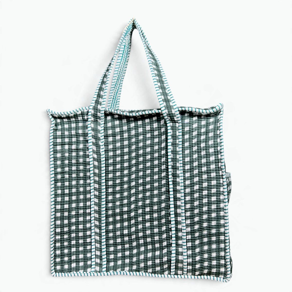 Large Green Gingham Check Quilted Tote Bag | Cotton Shoulder Tote