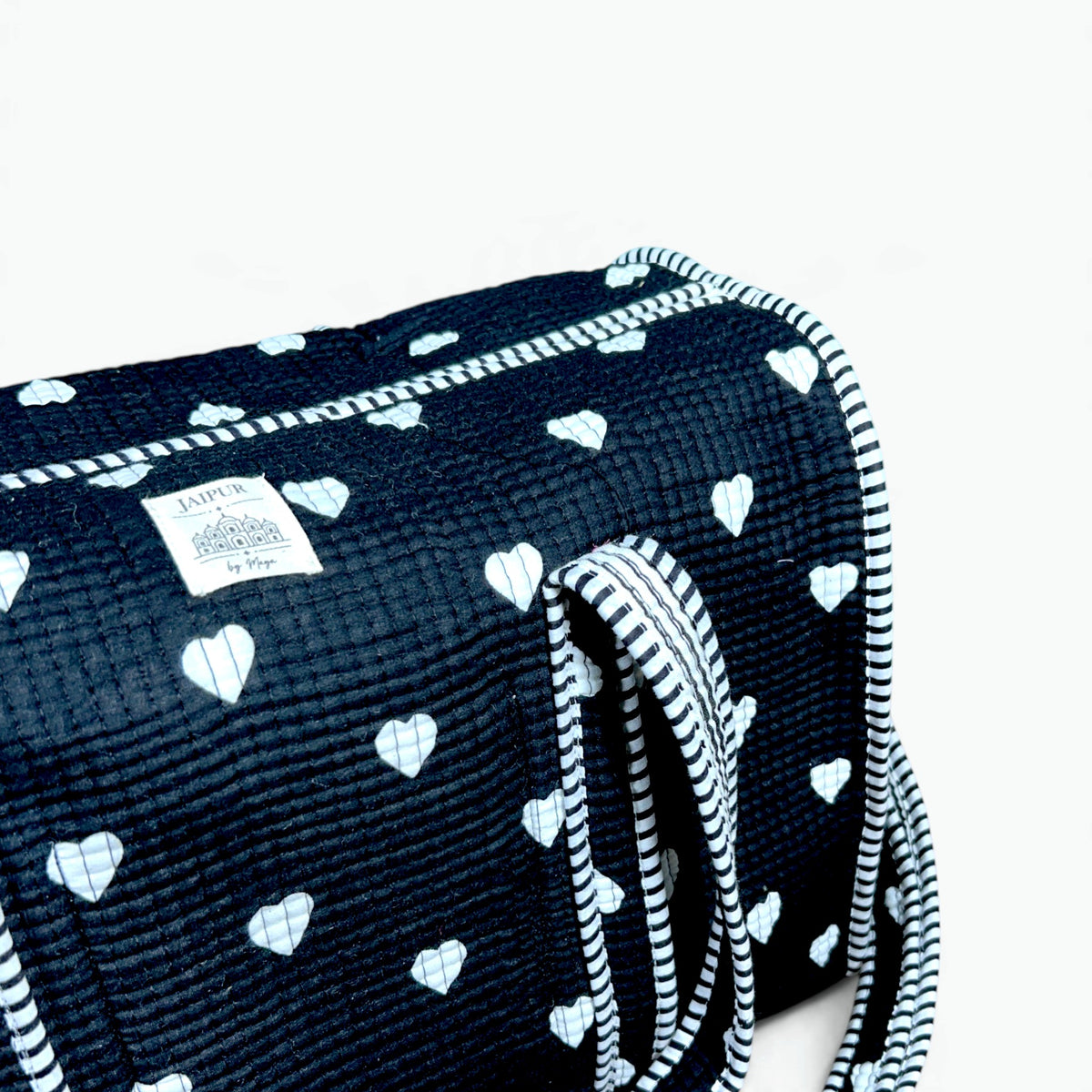 Large Black Heart Print Duffle Bag | Quilted Cotton Weekend & Gym Bag with Shoulder Strap