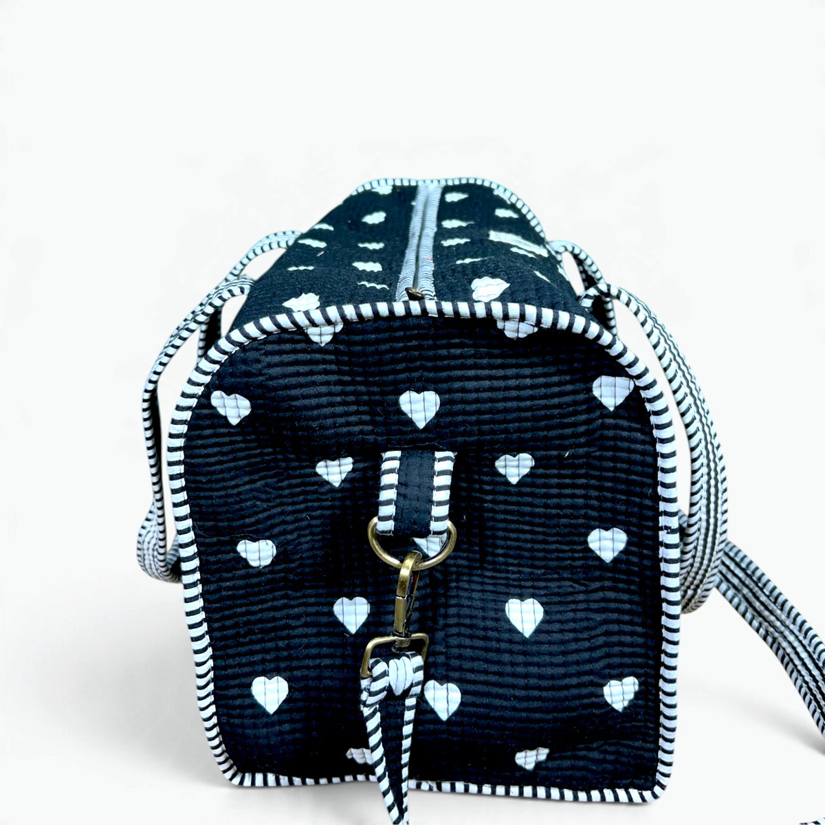 Large Black Heart Print Duffle Bag | Quilted Cotton Weekend & Gym Bag with Shoulder Strap