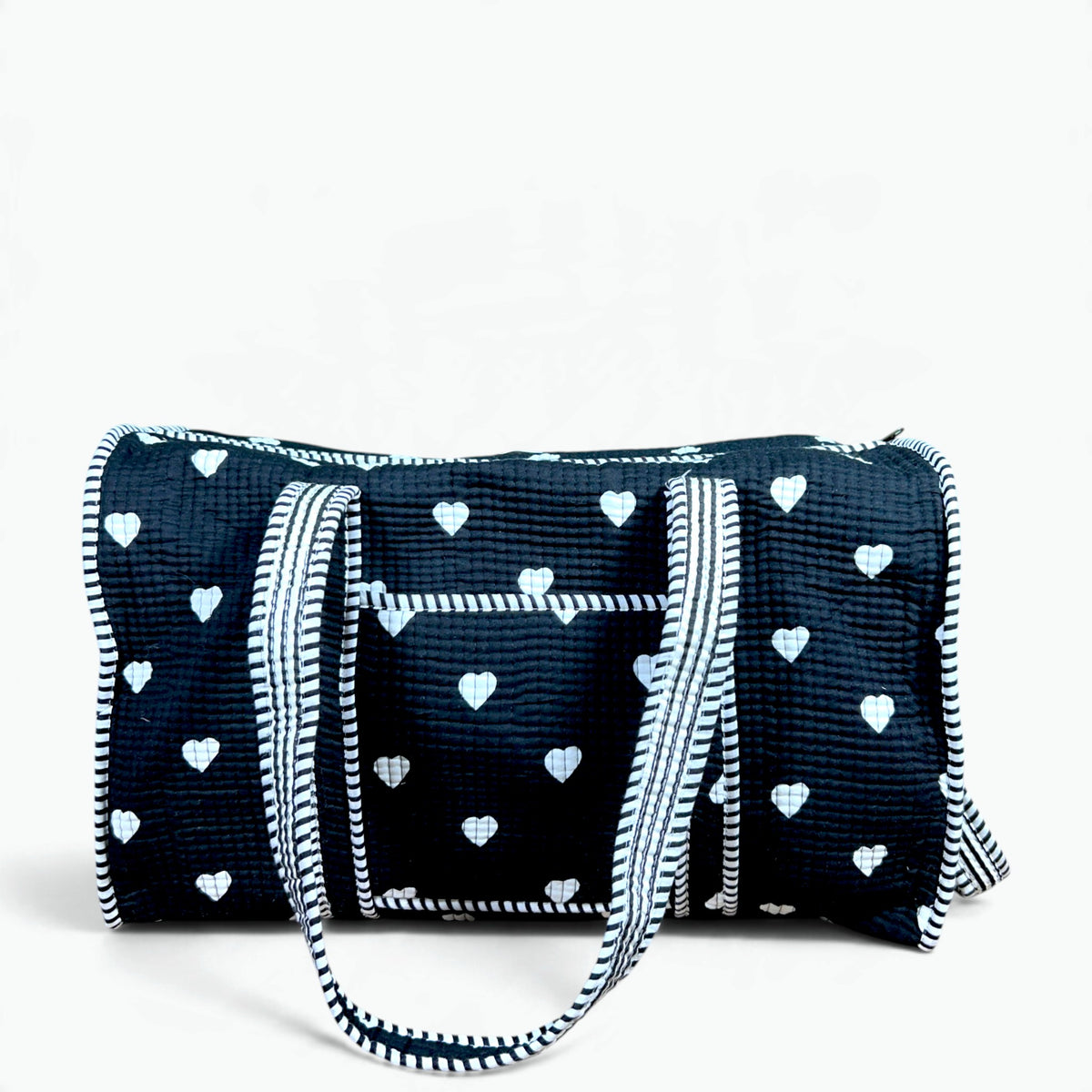 Large Black Heart Print Duffle Bag | Quilted Cotton Weekend & Gym Bag with Shoulder Strap