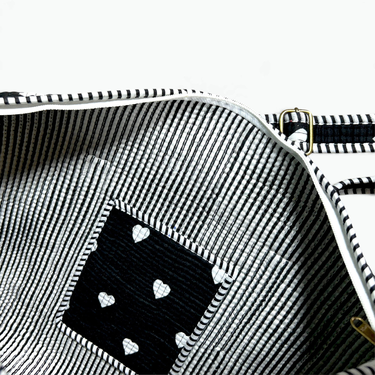 Large Black Heart Print Duffle Bag | Quilted Cotton Weekend & Gym Bag with Shoulder Strap