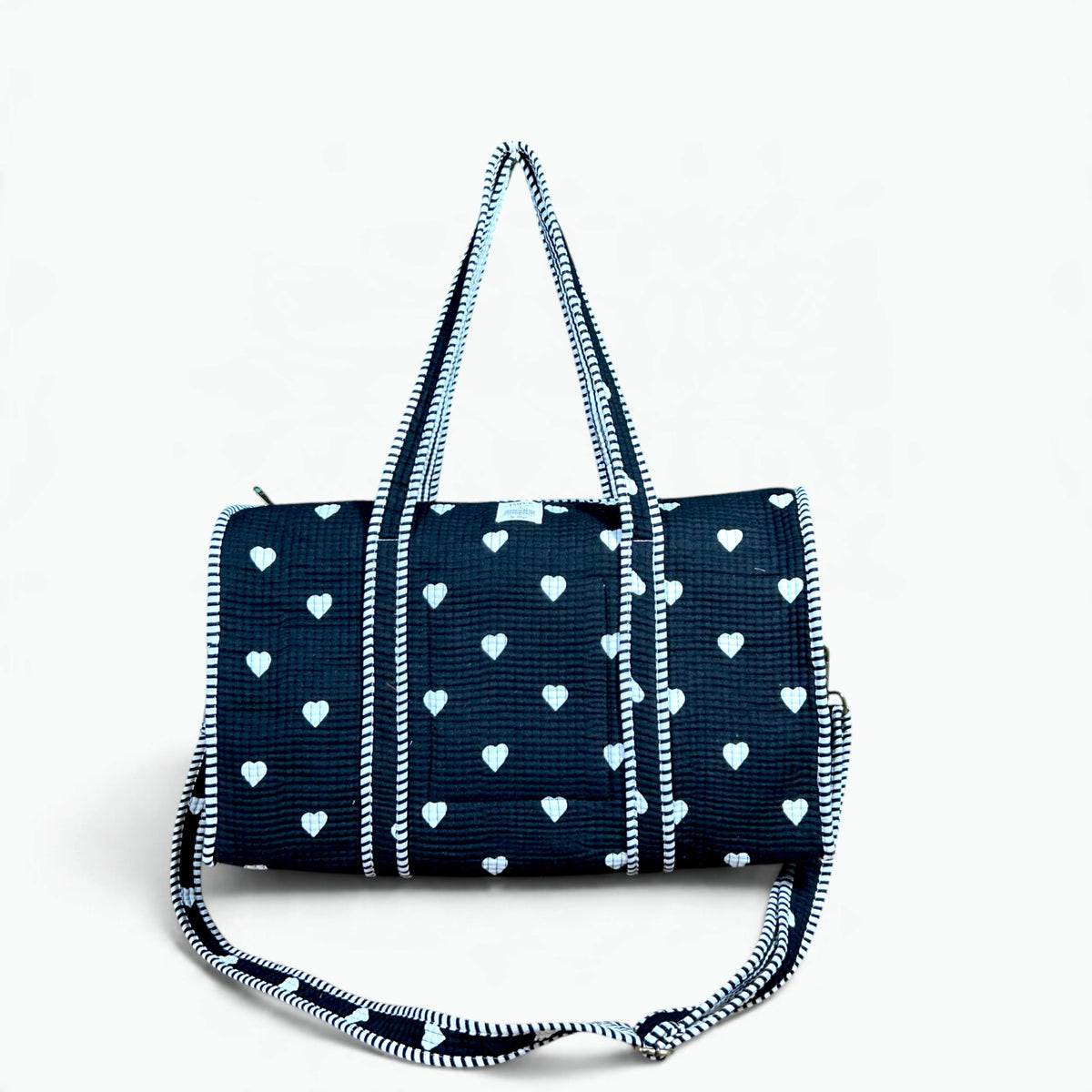 Large Black Heart Print Duffle Bag | Quilted Cotton Weekend & Gym Bag with Shoulder Strap