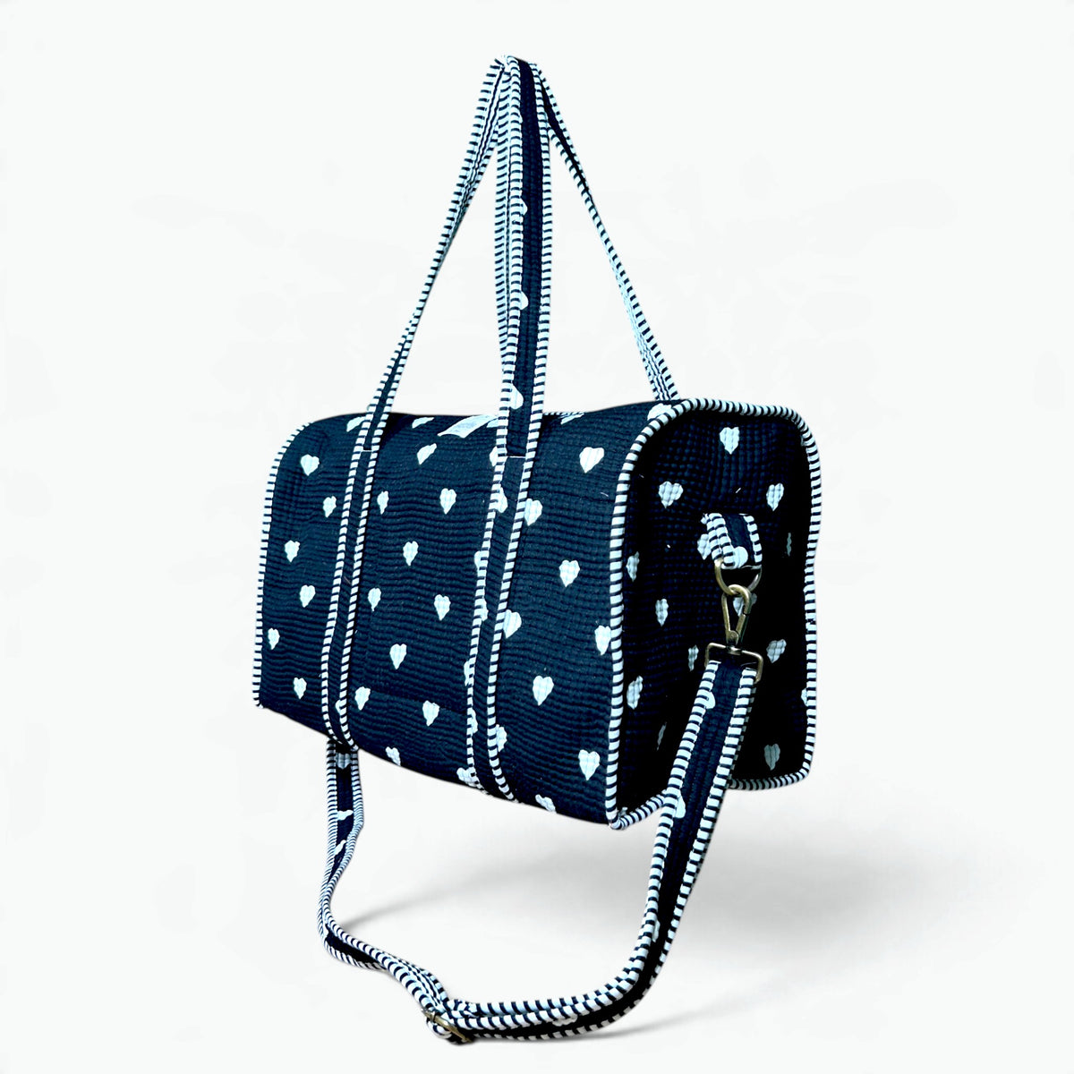 Large Black Heart Print Duffle Bag | Quilted Cotton Weekend & Gym Bag with Shoulder Strap