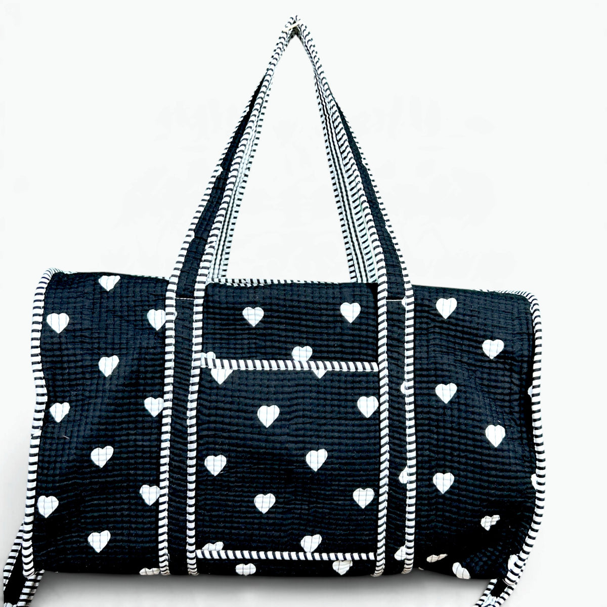 Large Black Heart Print Duffle Bag | Quilted Cotton Weekend & Gym Bag with Shoulder Strap
