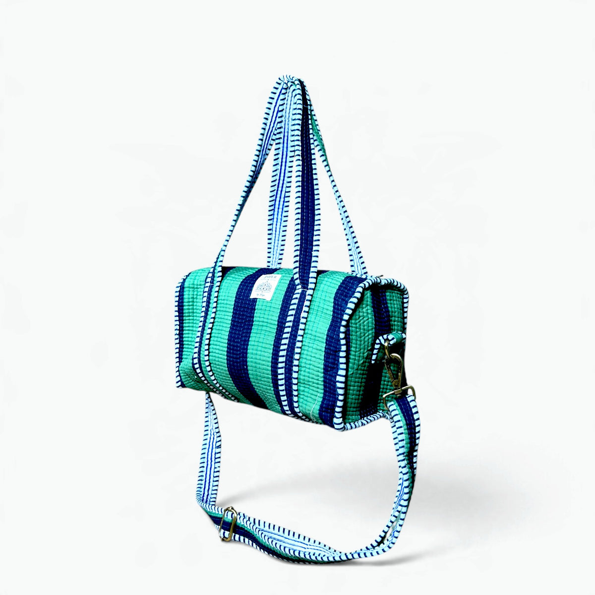 Green & Navy Striped Mini Duffle Bag | Quilted Cotton Barrel Bag with Shoulder Strap