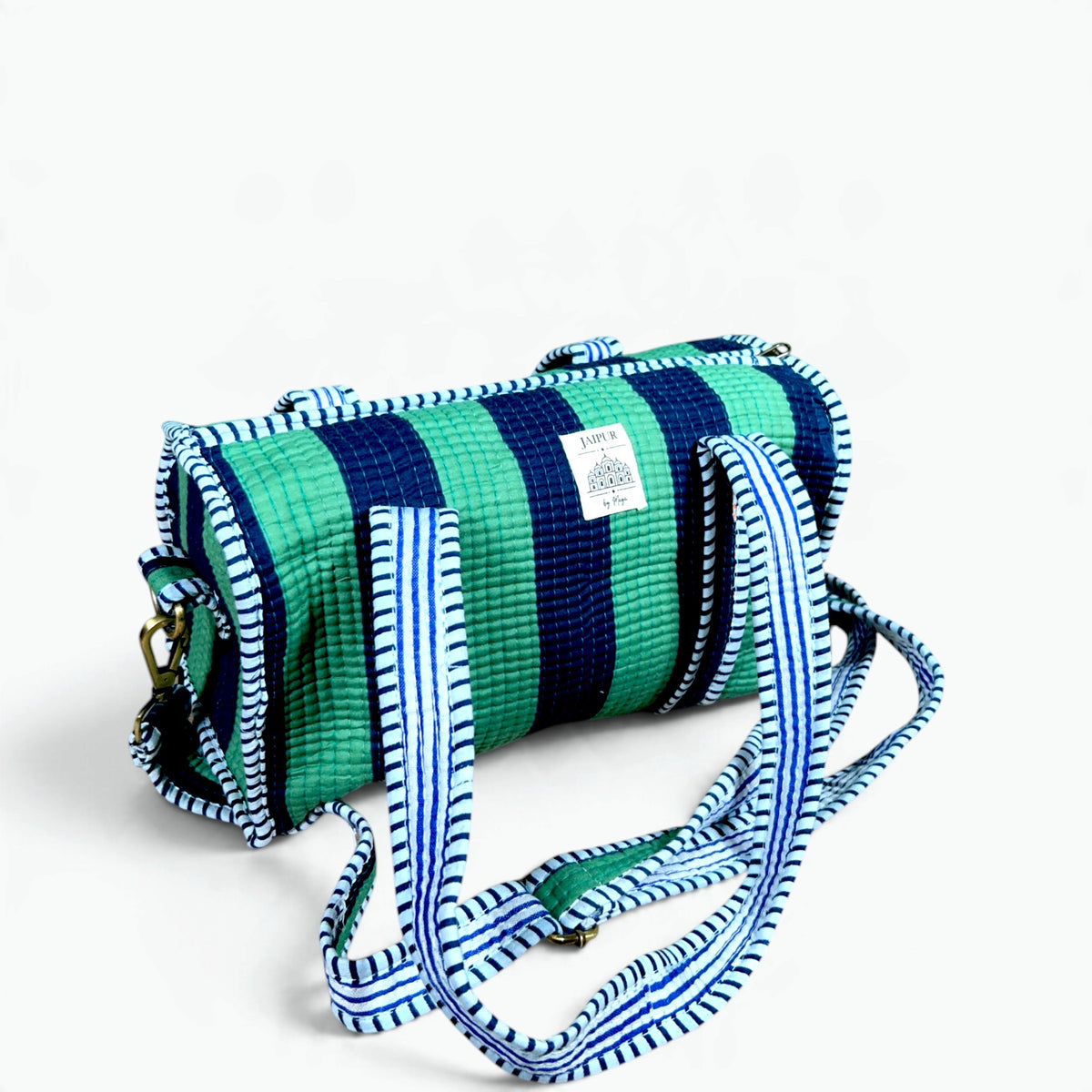 Green & Navy Striped Mini Duffle Bag | Quilted Cotton Barrel Bag with Shoulder Strap