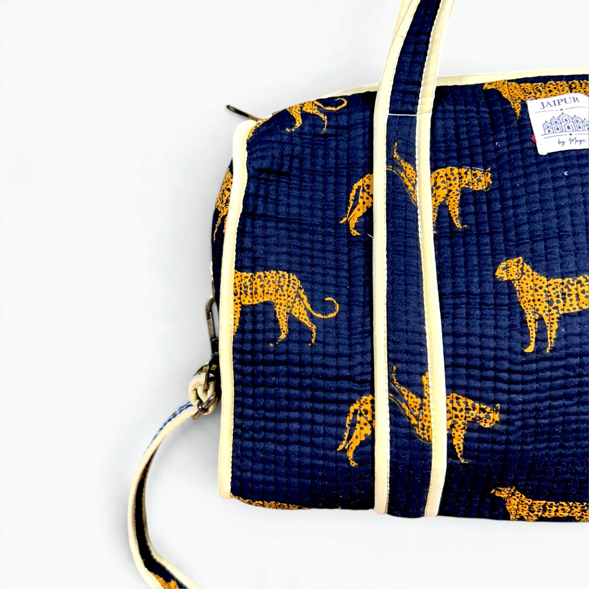 Navy Leopard Print Mini Duffle Bag | Quilted Cotton Barrel Bag with Shoulder Strap