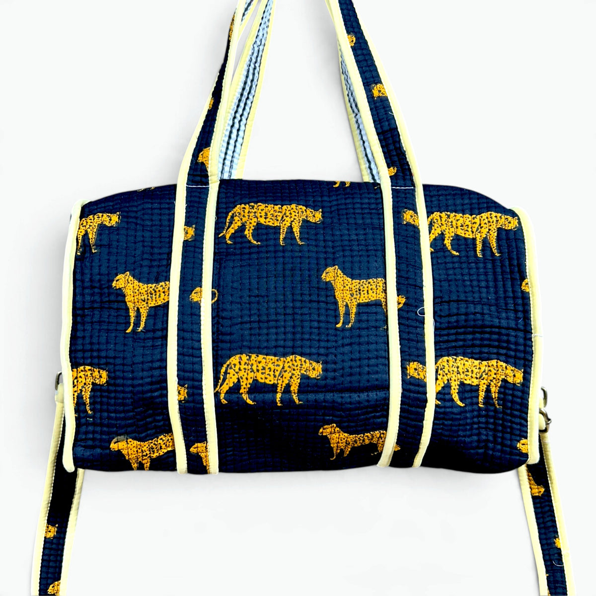 Navy Leopard Print Mini Duffle Bag | Quilted Cotton Barrel Bag with Shoulder Strap