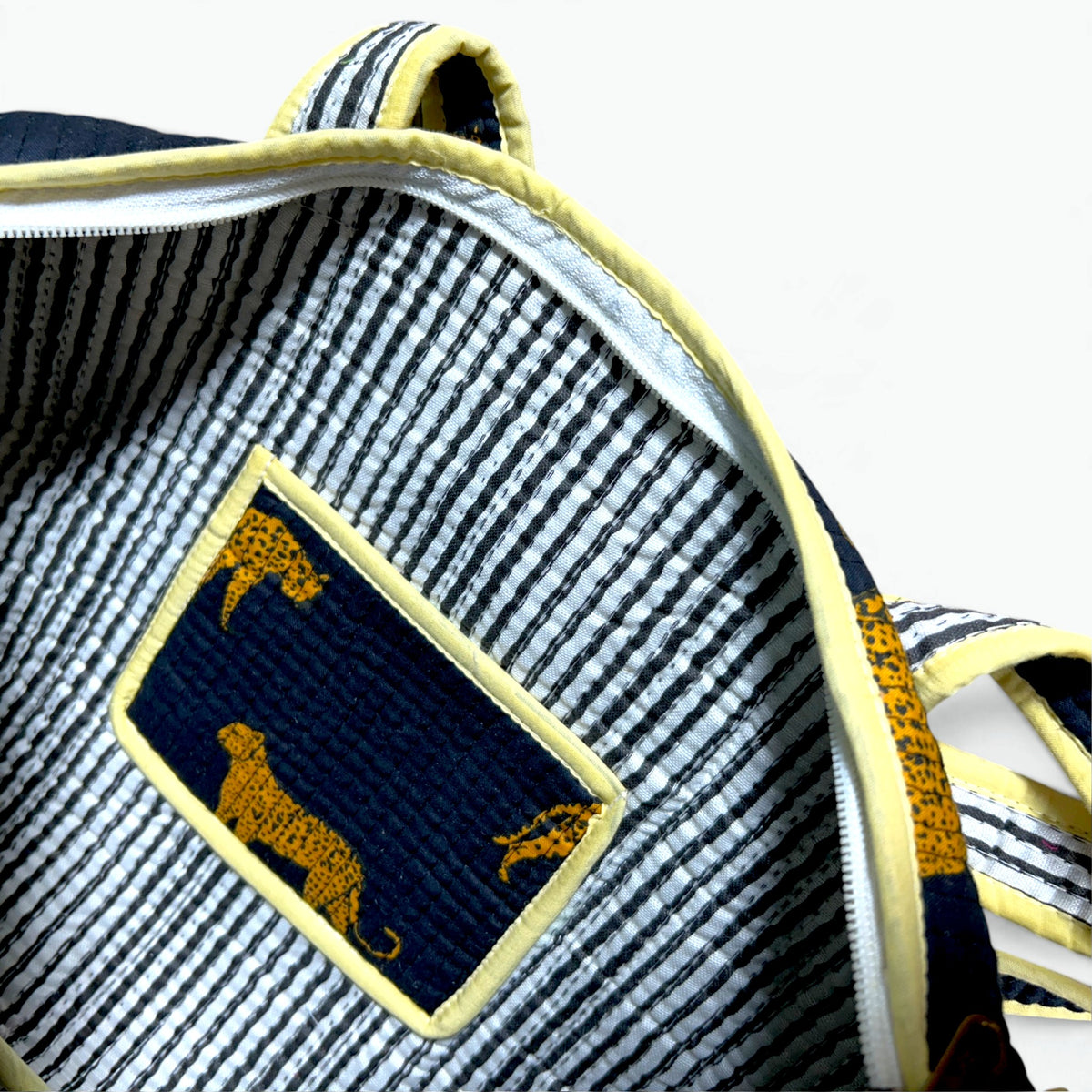 Navy Leopard Print Mini Duffle Bag | Quilted Cotton Barrel Bag with Shoulder Strap