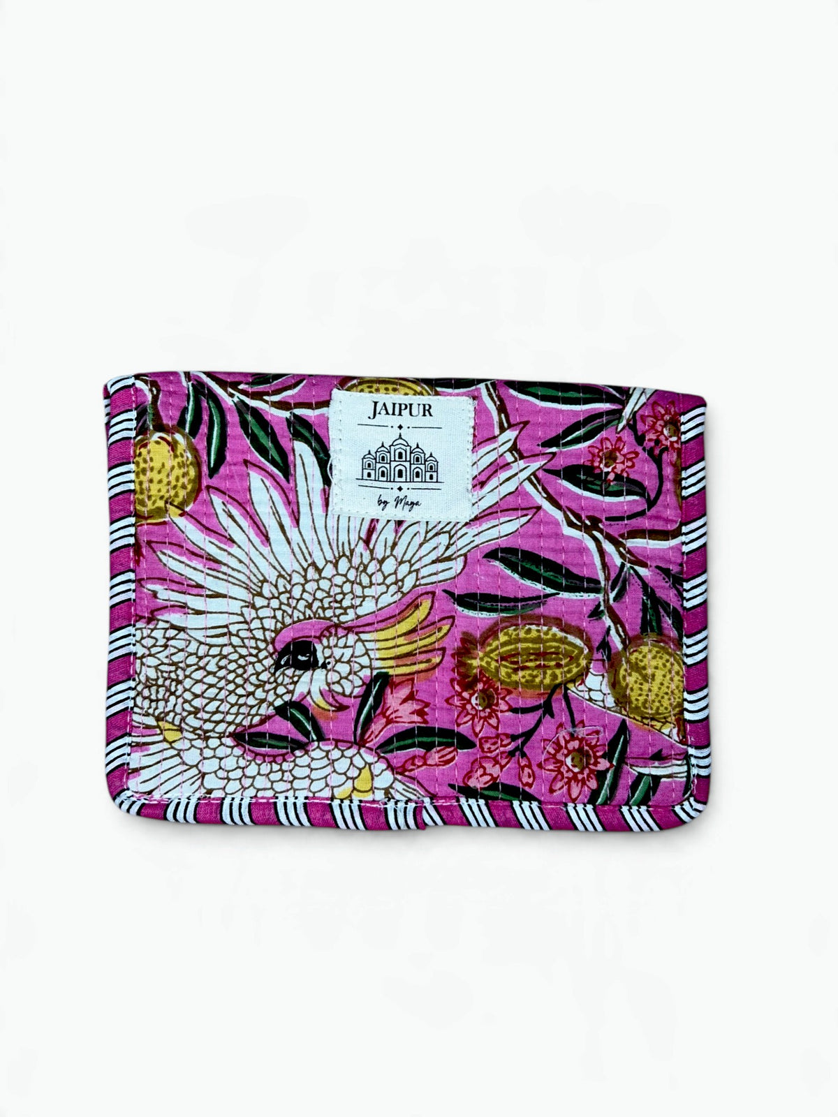 Pink Cockatoo Envelope Pouch | Quilted Cotton Clutch with Magnetic Snap