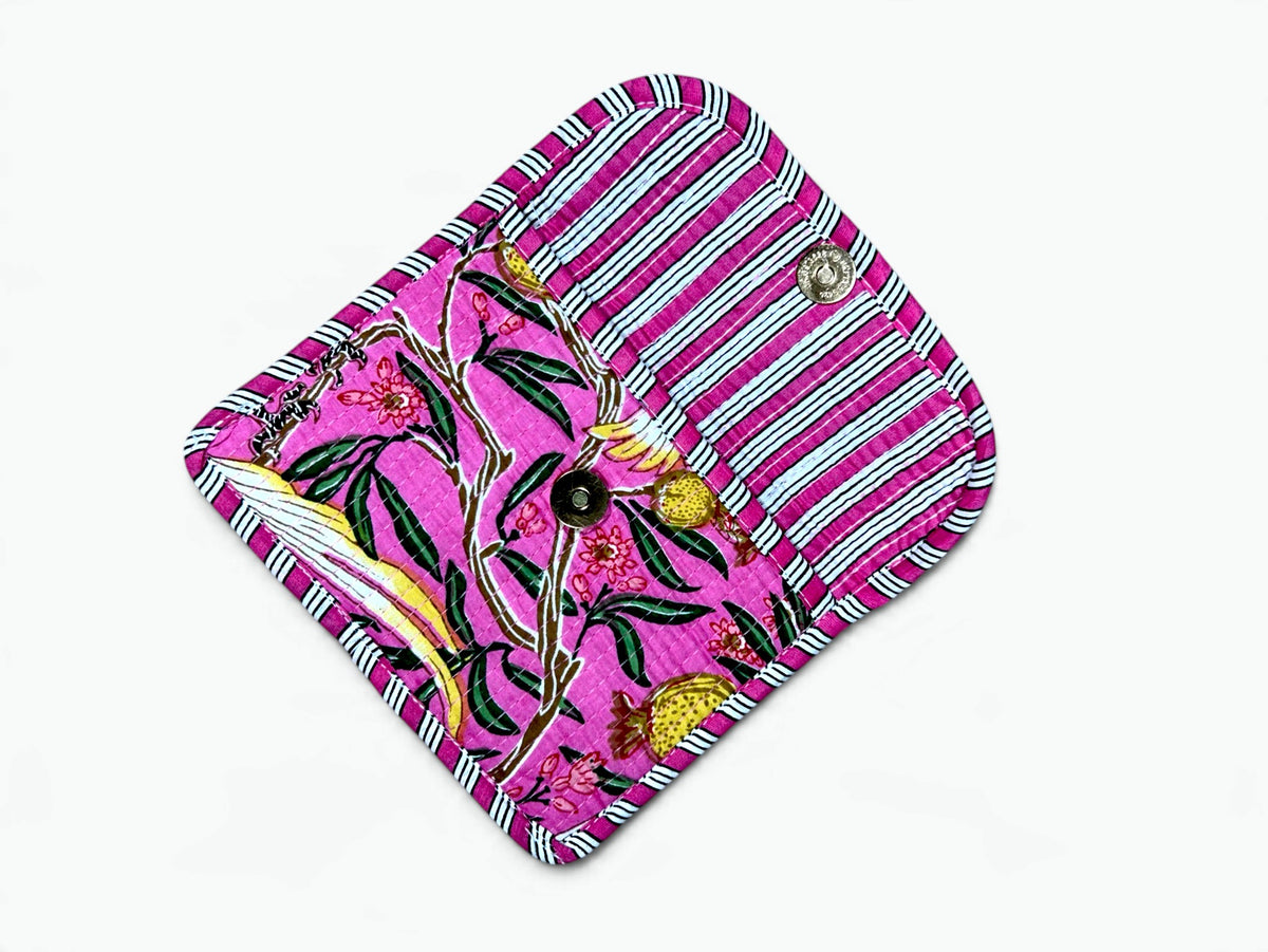 Pink Cockatoo Envelope Pouch | Quilted Cotton Clutch with Magnetic Snap