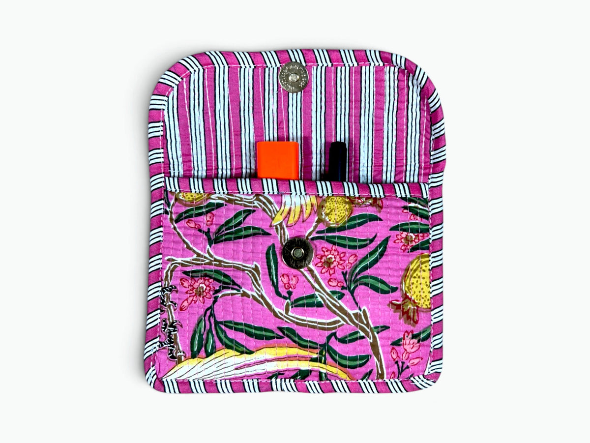 Pink Cockatoo Envelope Pouch | Quilted Cotton Clutch with Magnetic Snap