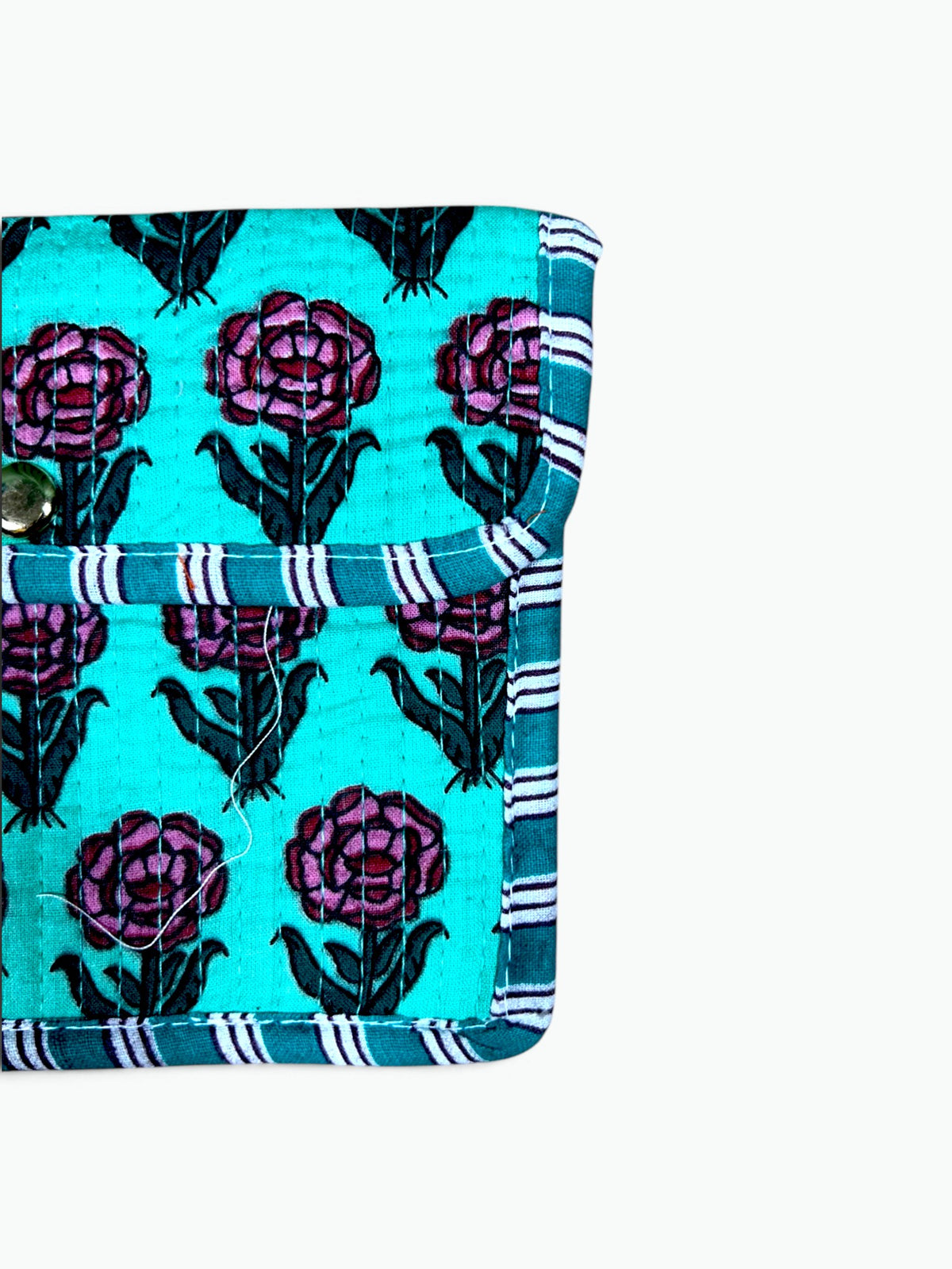 Aqua Rose Envelope Pouch | Quilted Cotton Clutch with Magnetic Snap