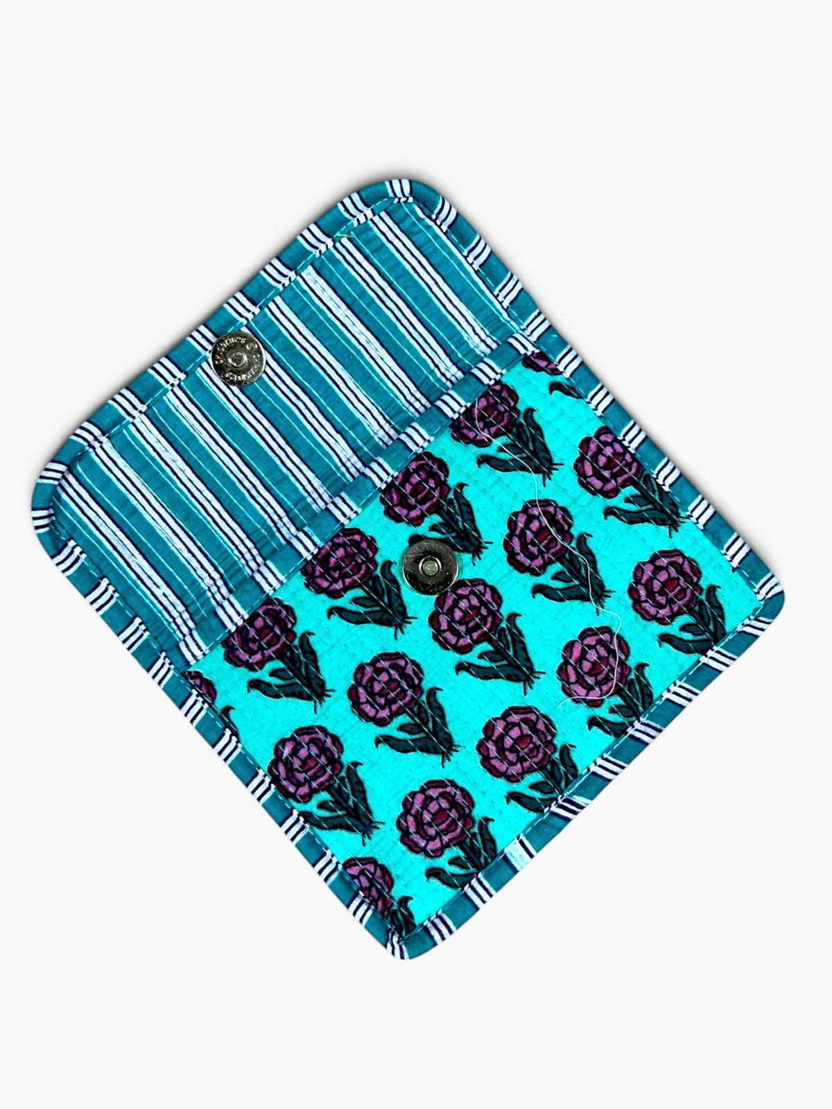 Aqua Rose Envelope Pouch | Quilted Cotton Clutch with Magnetic Snap