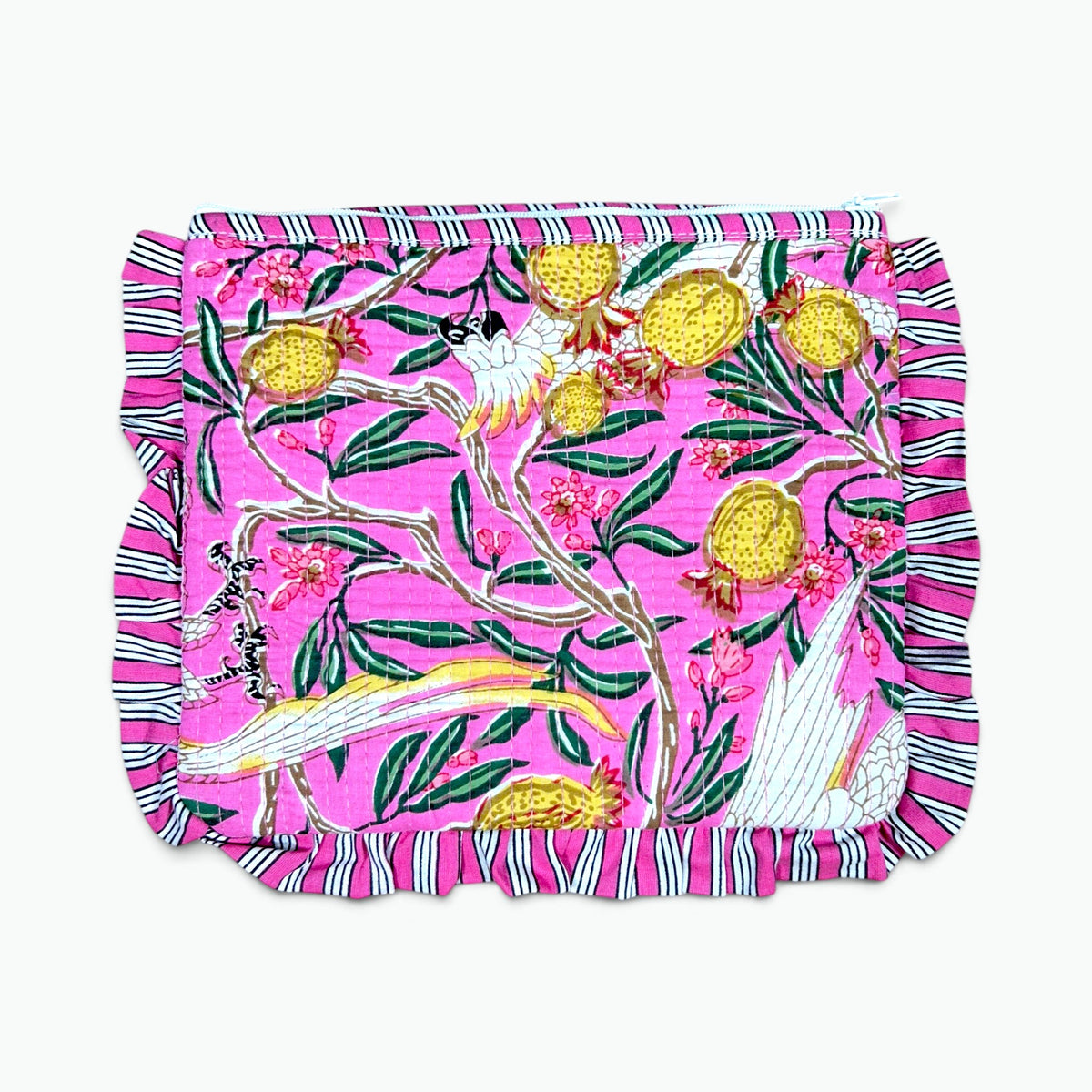 Pink Cockatoo Print Quilted Frill Pouch | 100% Cotton