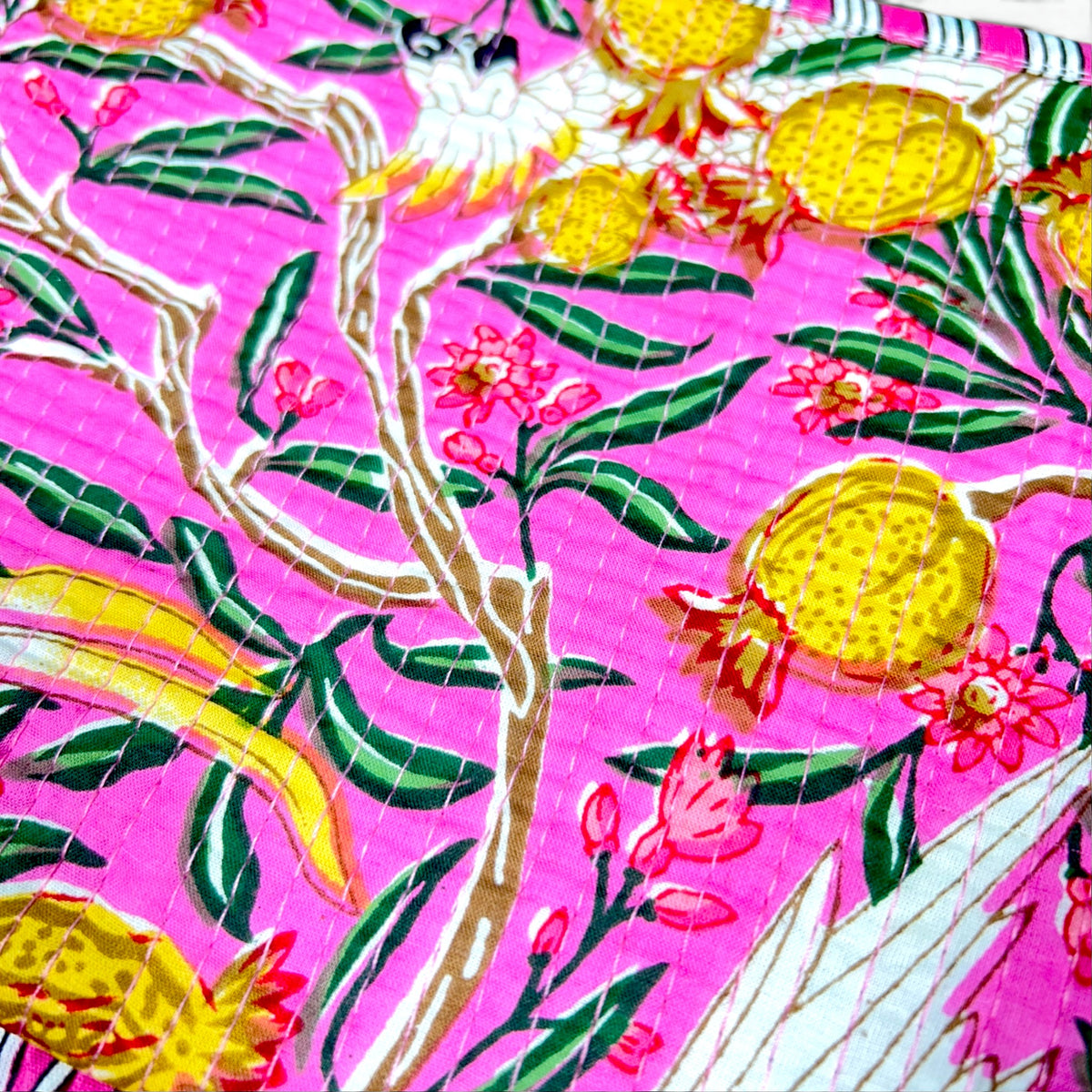 Pink Cockatoo Print Quilted Frill Pouch | 100% Cotton