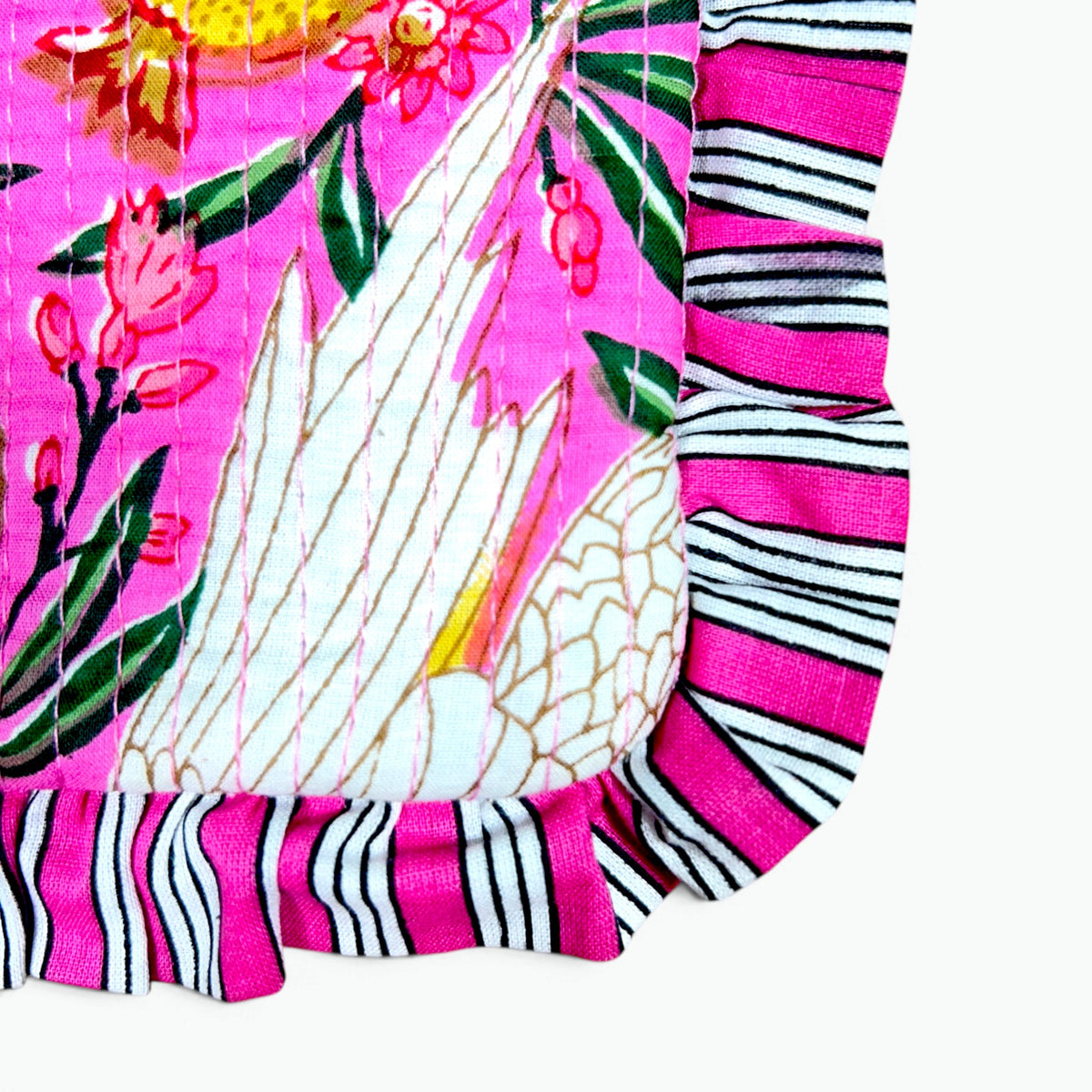 Pink Cockatoo Print Quilted Frill Pouch | 100% Cotton