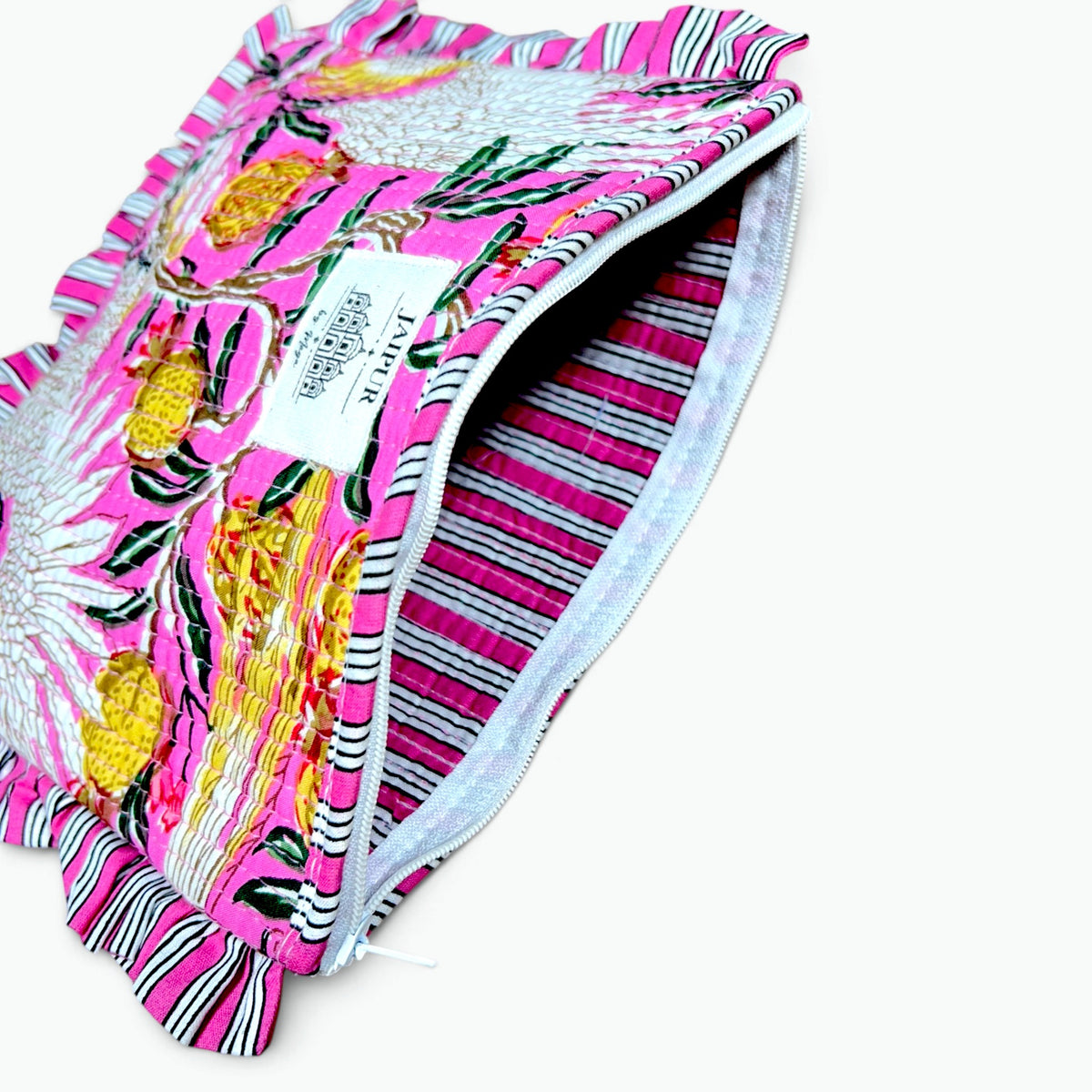 Pink Cockatoo Print Quilted Frill Pouch | 100% Cotton