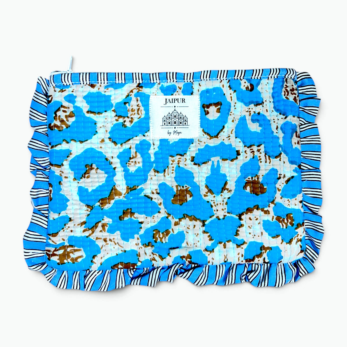A square quilted fabric pouch by Jaipur by Meem featuring a blue and brown leopard print pattern with a striped ruffled border, shown on a plain white background.