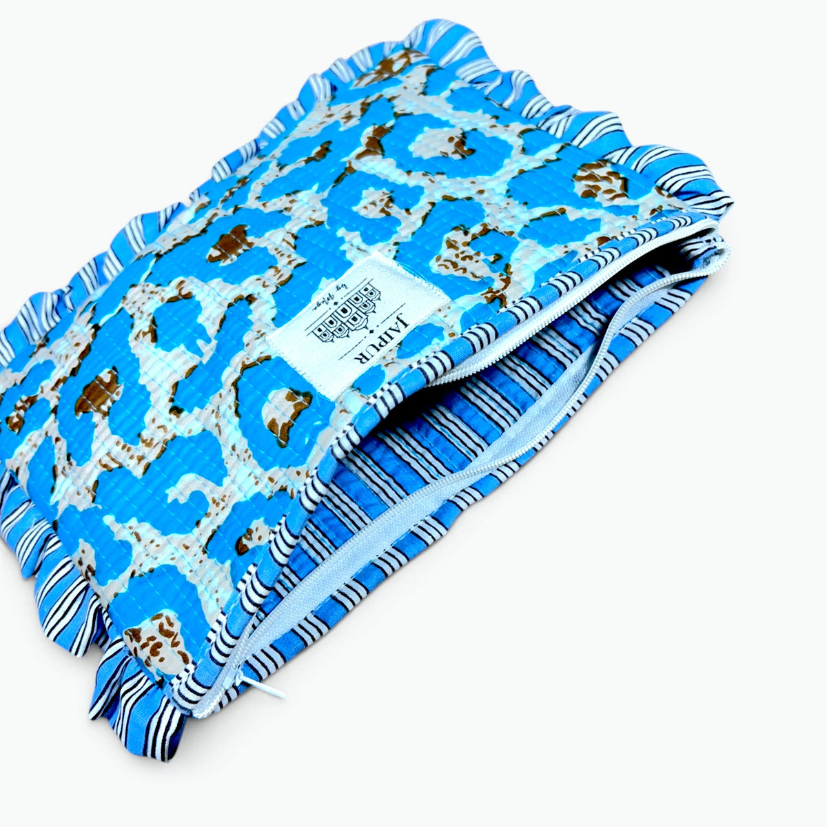Blue Leopard Print Quilted Frill Pouch | 100% Cotton