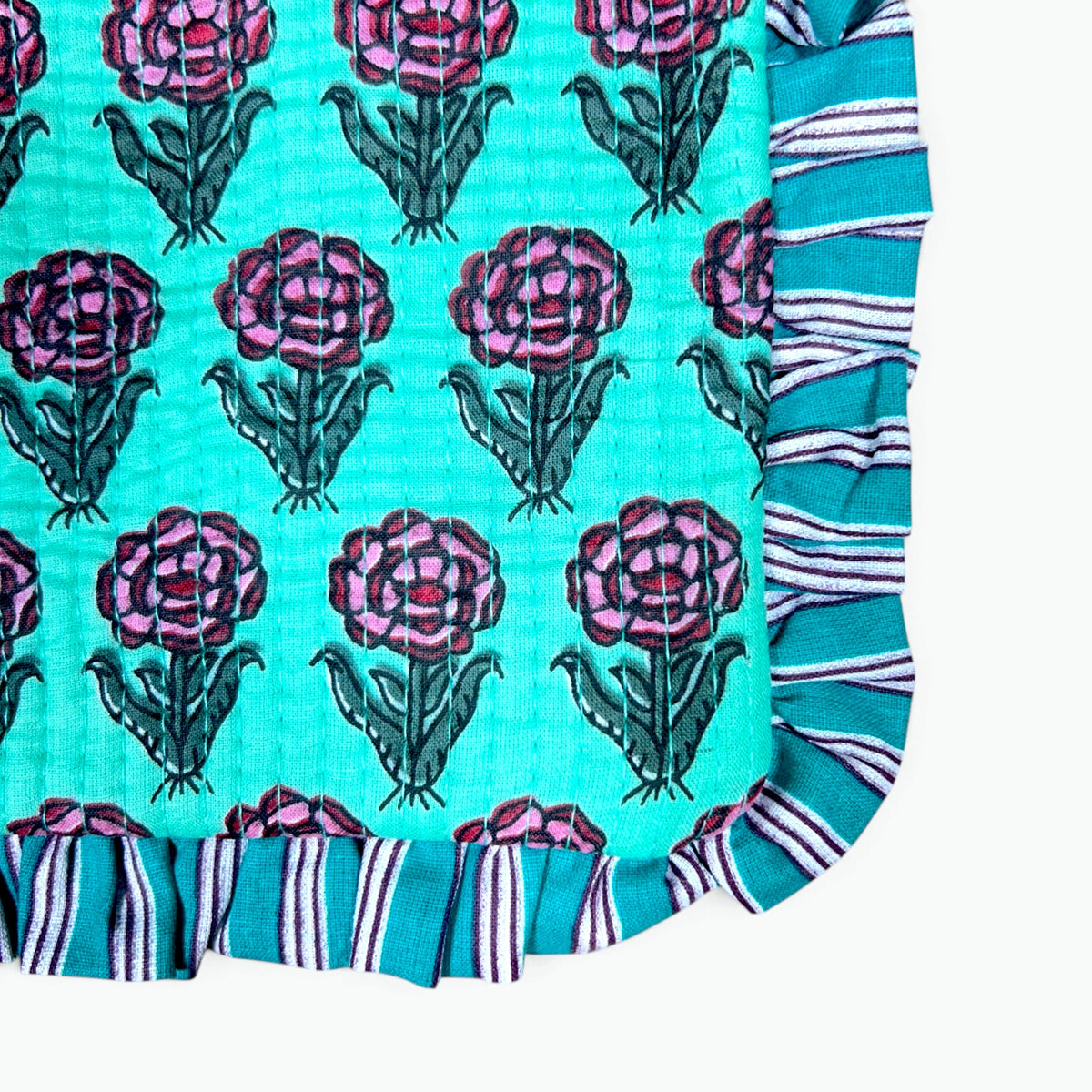 Aqua Rose Print Quilted Frill Pouch | 100% Cotton