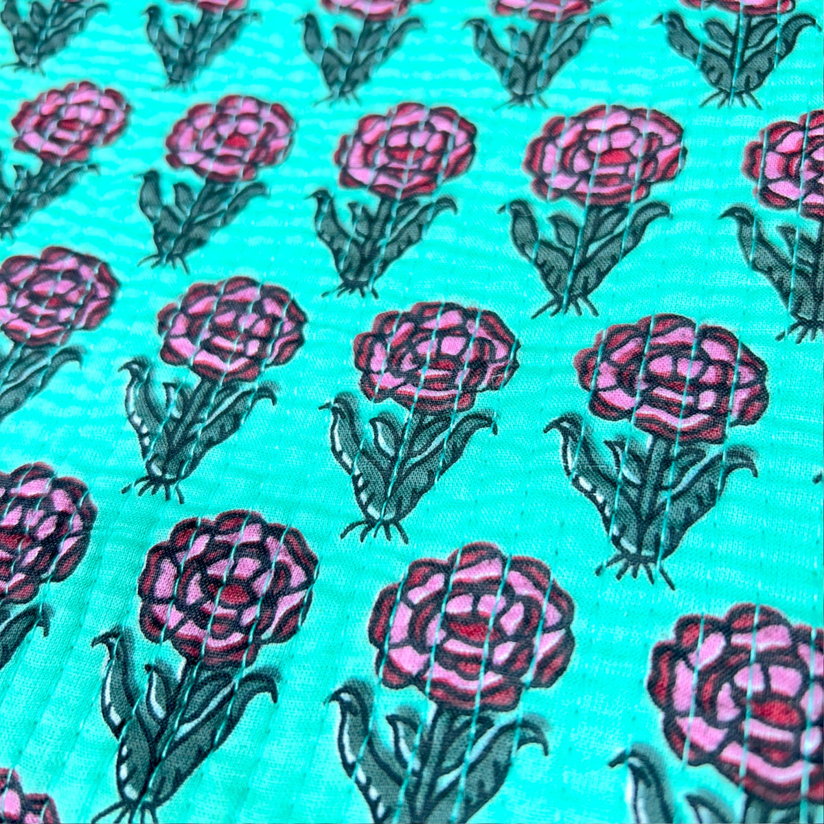 Aqua Rose Print Quilted Frill Pouch | 100% Cotton