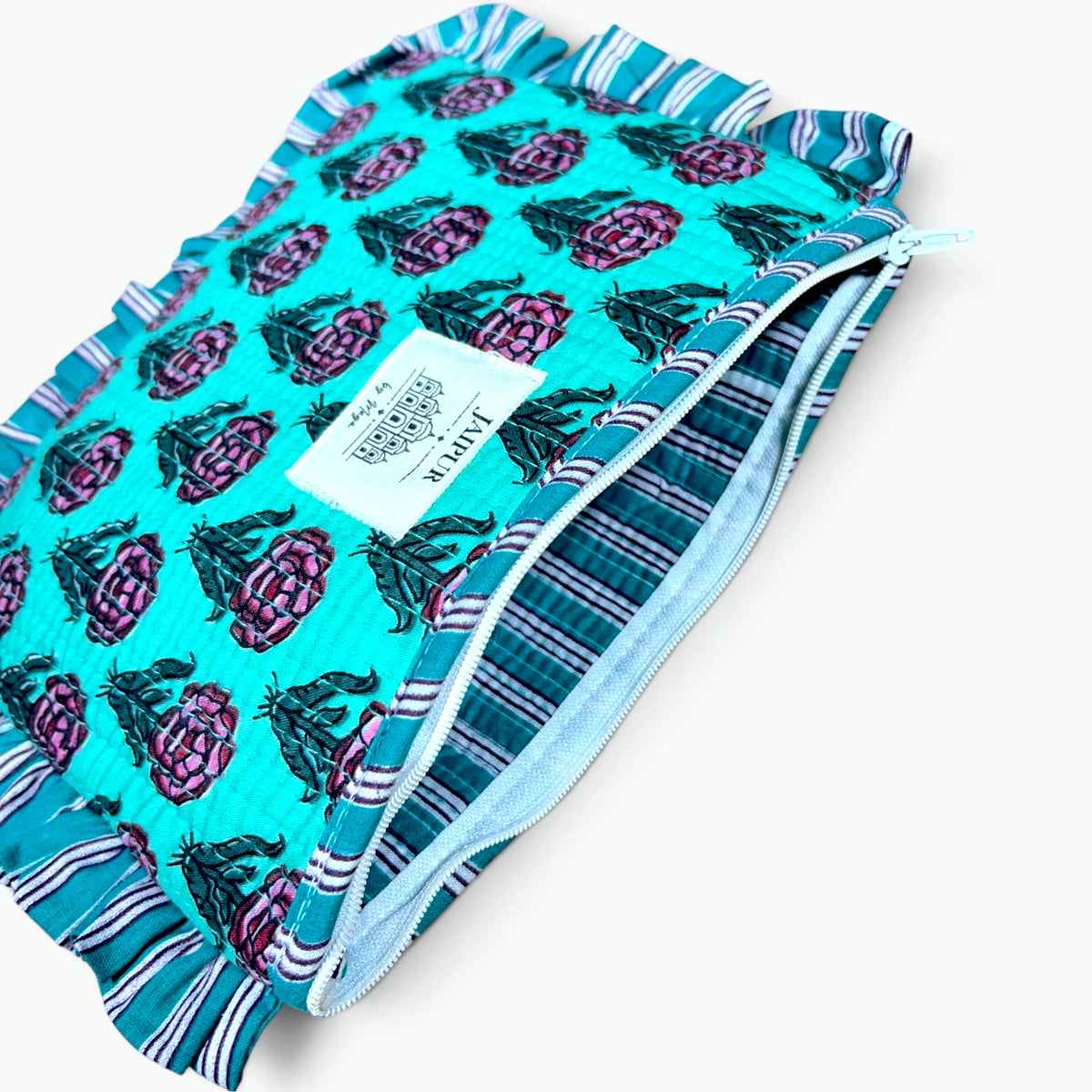 Aqua Rose Print Quilted Frill Pouch | 100% Cotton